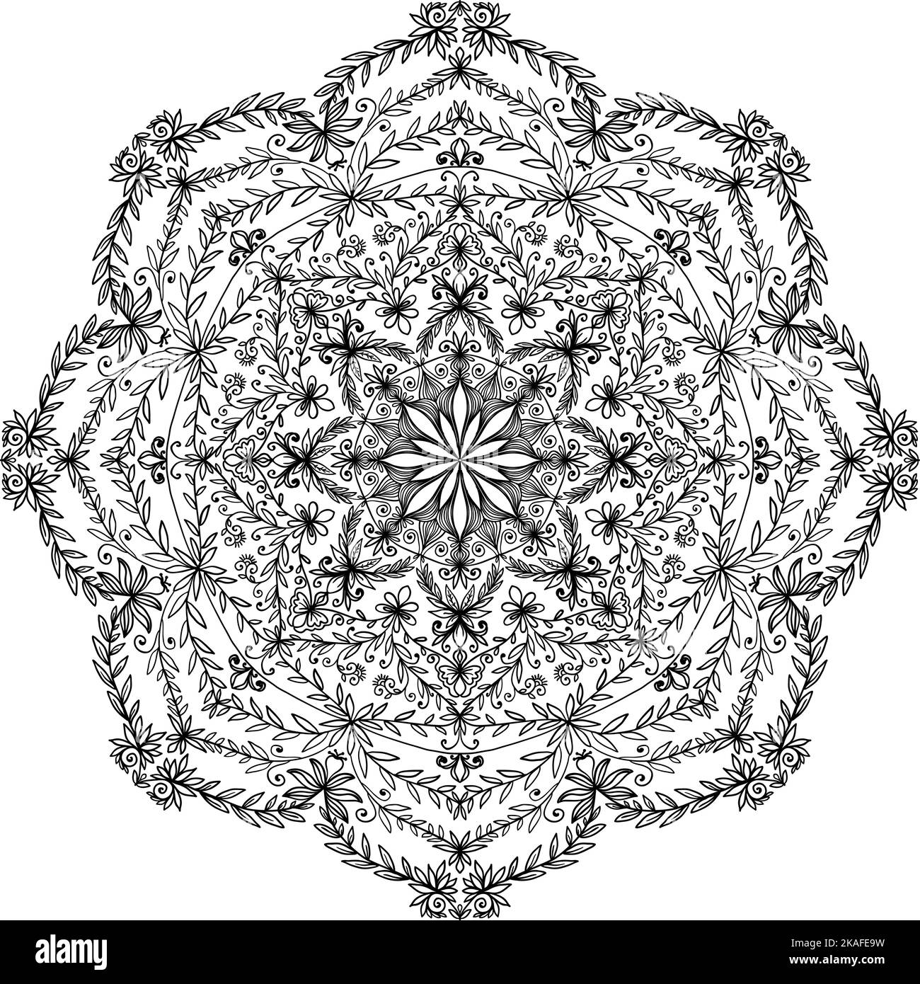 Carta ornamento bianco nero con mandala. Elemento circolare geometrico realizzato in vettore. Illustrazione Vettoriale