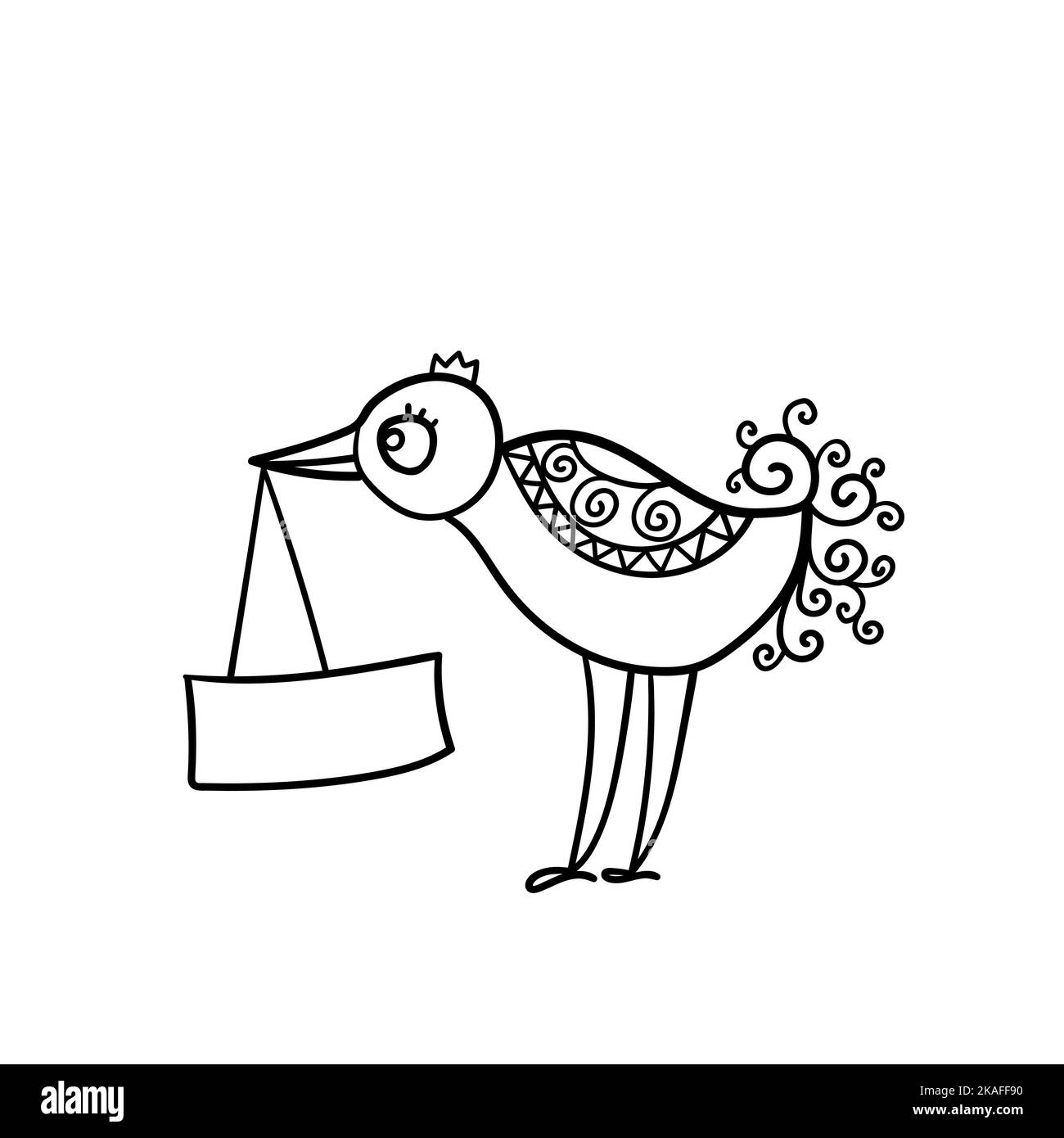 Illustrazione vettoriale di divertente uccello cartone animato. Elemento pagina libro da colorare. Illustrazione Vettoriale