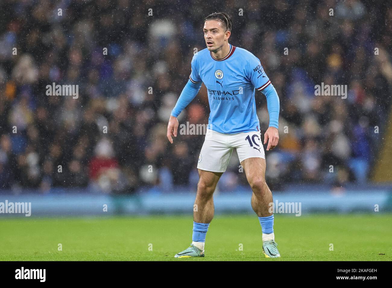 Manchester, Regno Unito. 02nd Nov 2022. Jack Grealish #10 di Manchester City durante la partita della UEFA Champions League Manchester City vs Siviglia allo stadio Etihad di Manchester, Regno Unito, 2nd novembre 2022 (Foto di Mark Cosgrove/News Images) a Manchester, Regno Unito il 11/2/2022. (Foto di Mark Cosgrove/News Images/Sipa USA) Credit: Sipa USA/Alamy Live News Foto Stock