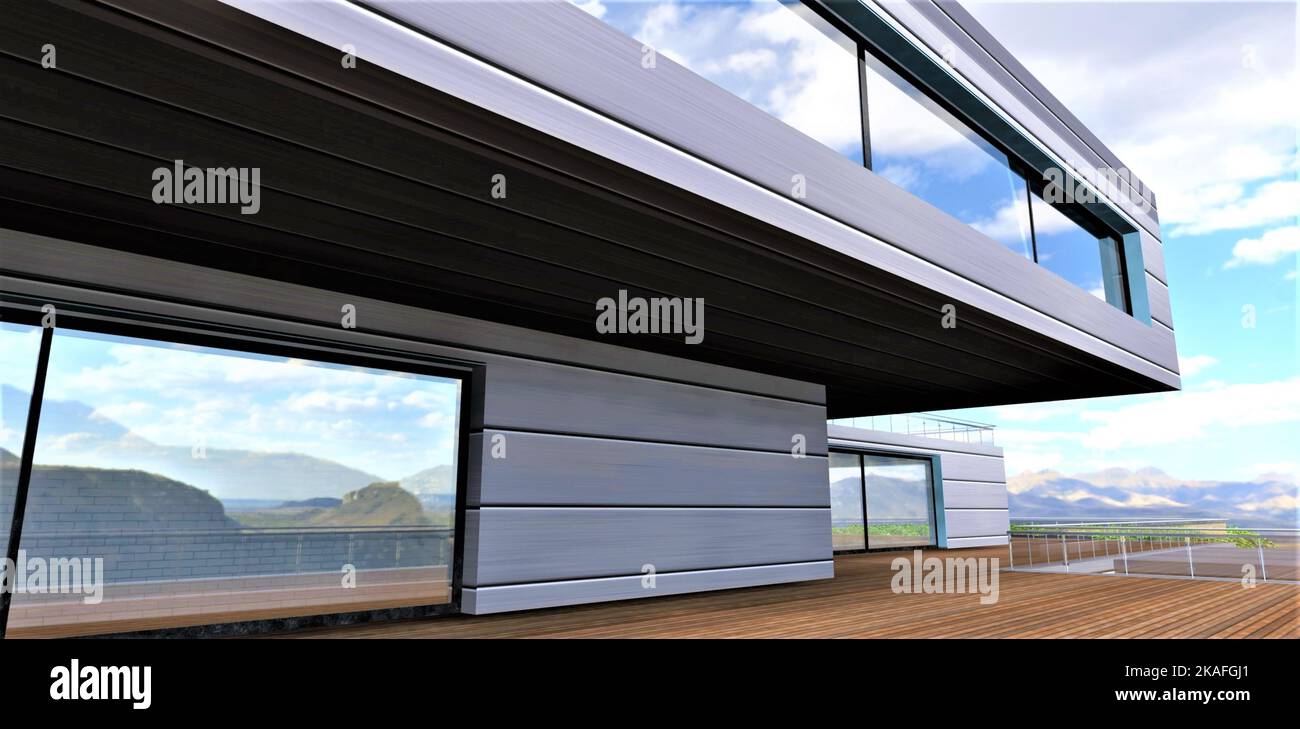 Una spaziosa terrazza in legno sotto un baldacchino dal pavimento a sbalzo di una futuristica casa di campagna, rifinita con un composito in alluminio con un calore-savi Foto Stock