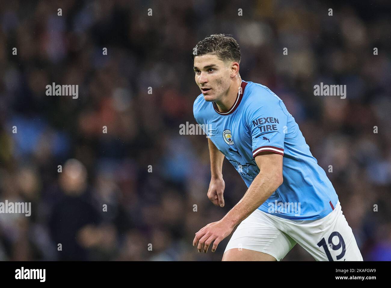 Manchester, Regno Unito. 02nd Nov 2022. Julián Álvarez #19 di Manchester City durante la partita della UEFA Champions League Manchester City vs Siviglia allo stadio Etihad di Manchester, Regno Unito, 2nd novembre 2022 (Foto di Mark Cosgrove/News Images) a Manchester, Regno Unito il 11/2/2022. (Foto di Mark Cosgrove/News Images/Sipa USA) Credit: Sipa USA/Alamy Live News Foto Stock