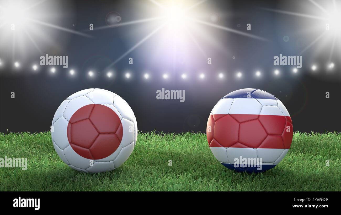 Due palline da calcio con bandiere colorate sullo sfondo sfocato dello stadio. Giappone vs Costa Rica. immagine 3d Foto Stock