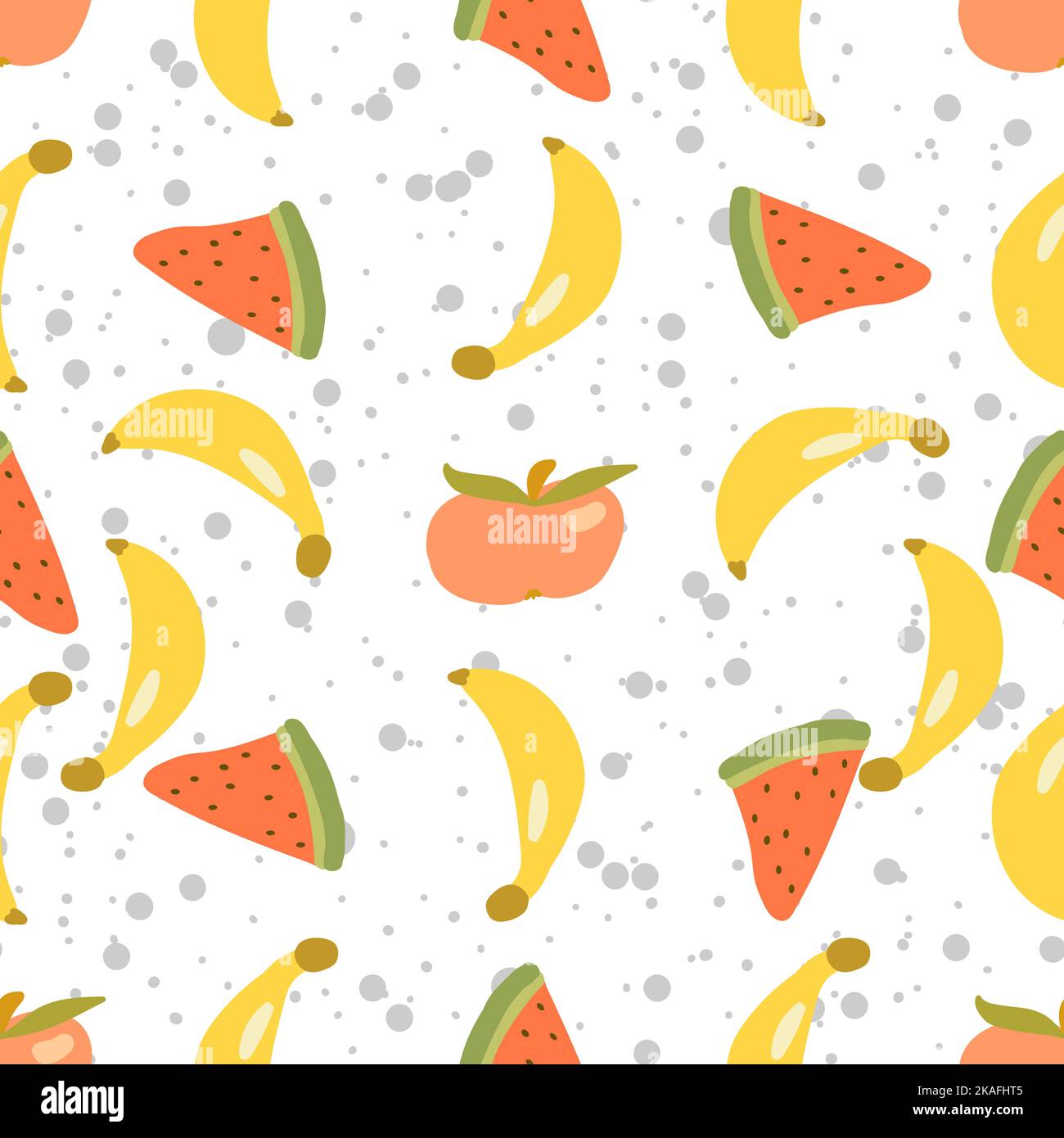 Texture senza cuciture. Sfondo decorativo con frutta estiva di banana e anguria. Motivo vettoriale colorato per tessuti, cartoleria, carta da parati, w Illustrazione Vettoriale