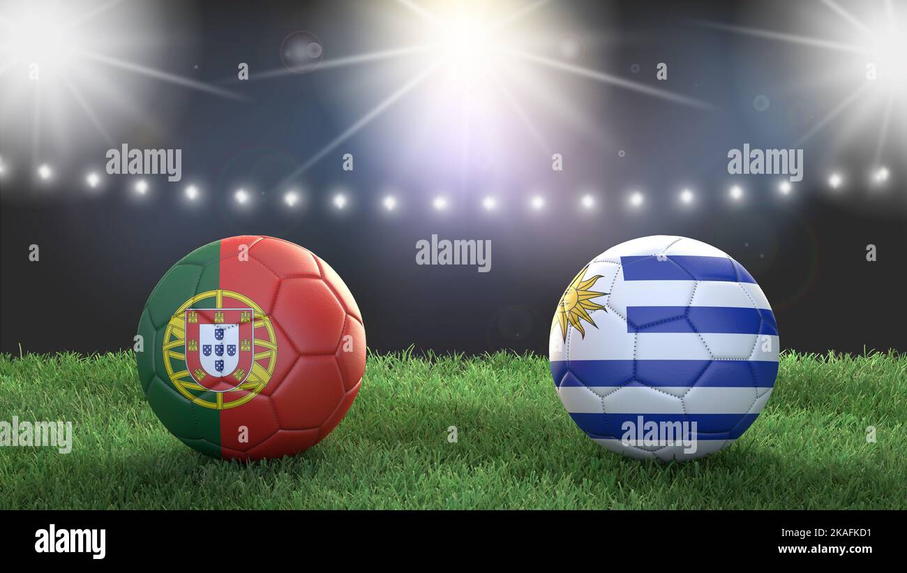 Due palline da calcio con bandiere colorate sullo sfondo sfocato dello stadio. Portogallo vs Uruguay. immagine 3d Foto Stock