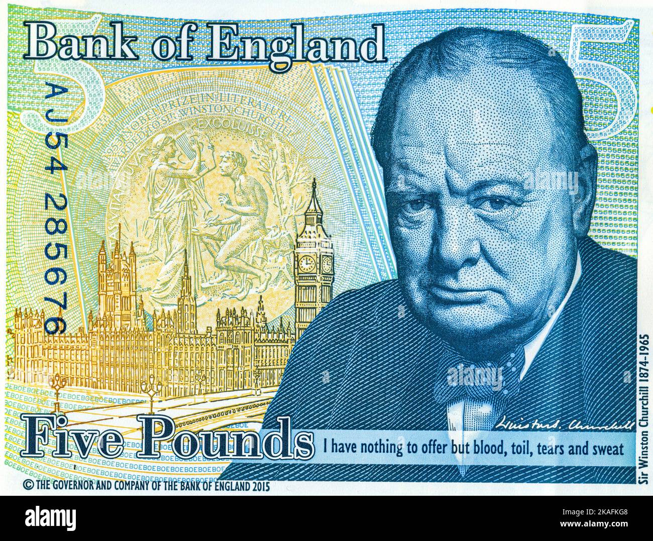 Dettaglio della banconota britannica da cinque sterline. Ritratto di Sir Winston Churchill, primo ministro del Regno Unito Foto Stock