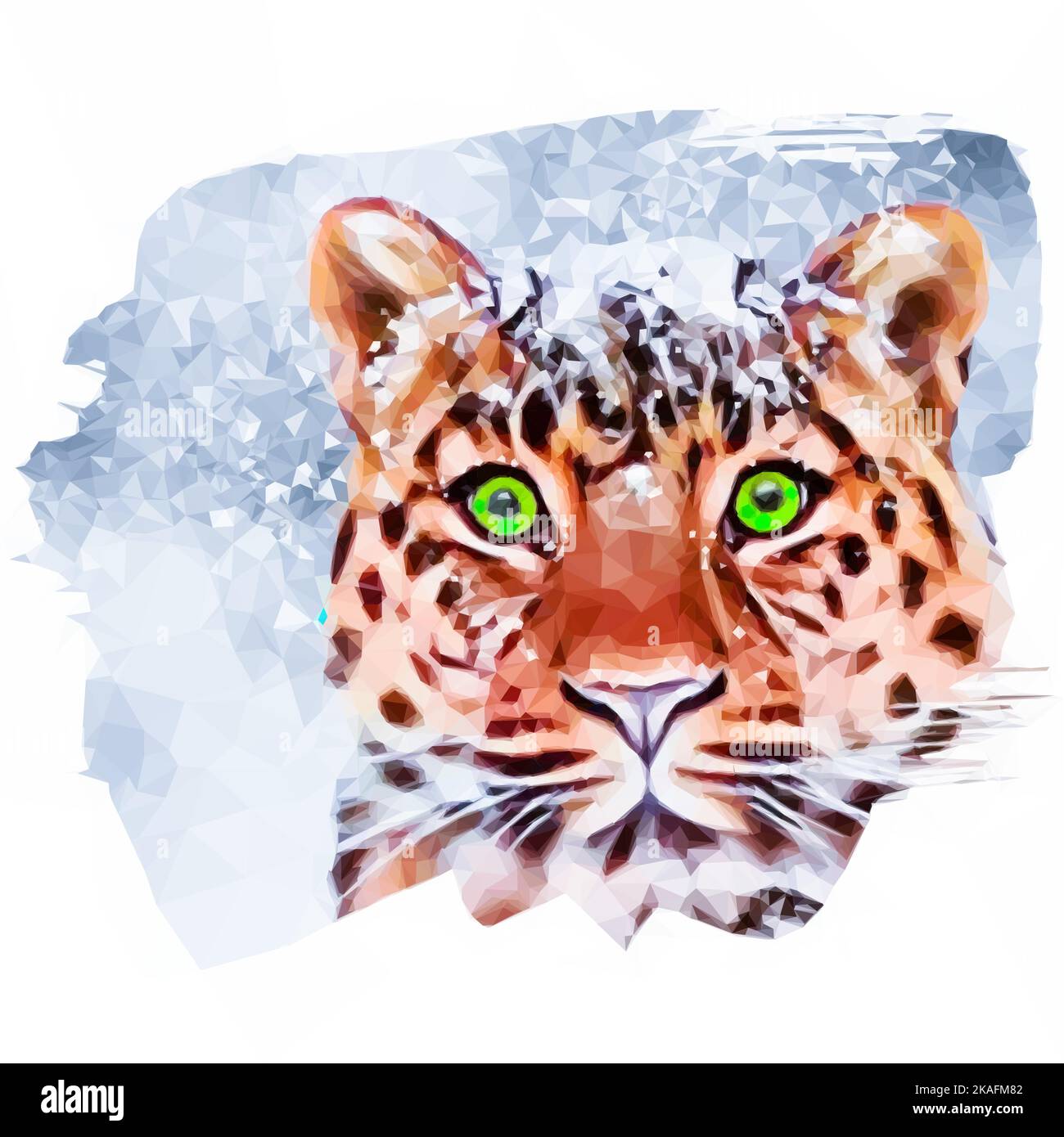 Ritratto leopardo nella neve. Fiocchi di neve nella pelliccia e sullo sfondo. Vettore in stile poly basso. Illustrazione Vettoriale
