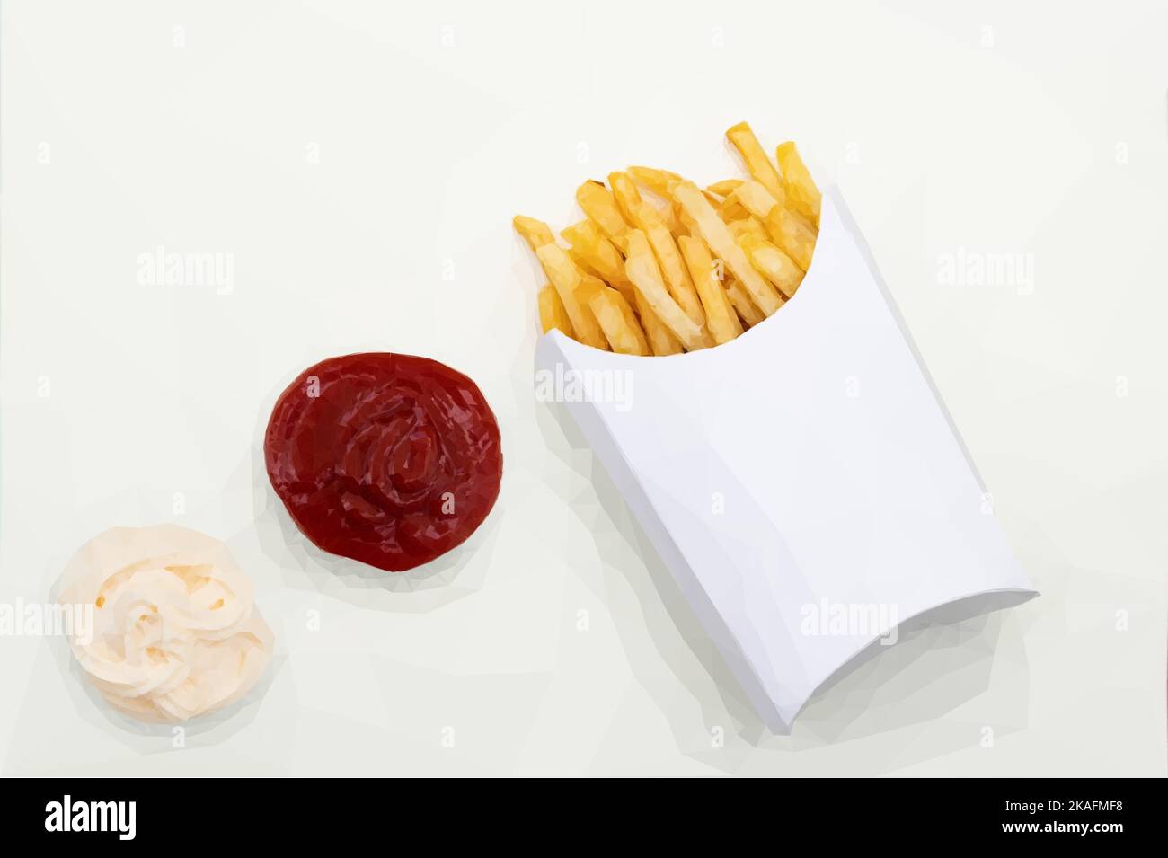 patatine fritte in scatola di carta con ketchup e maionese. Vettore in stile Poly basso. Illustrazione Vettoriale