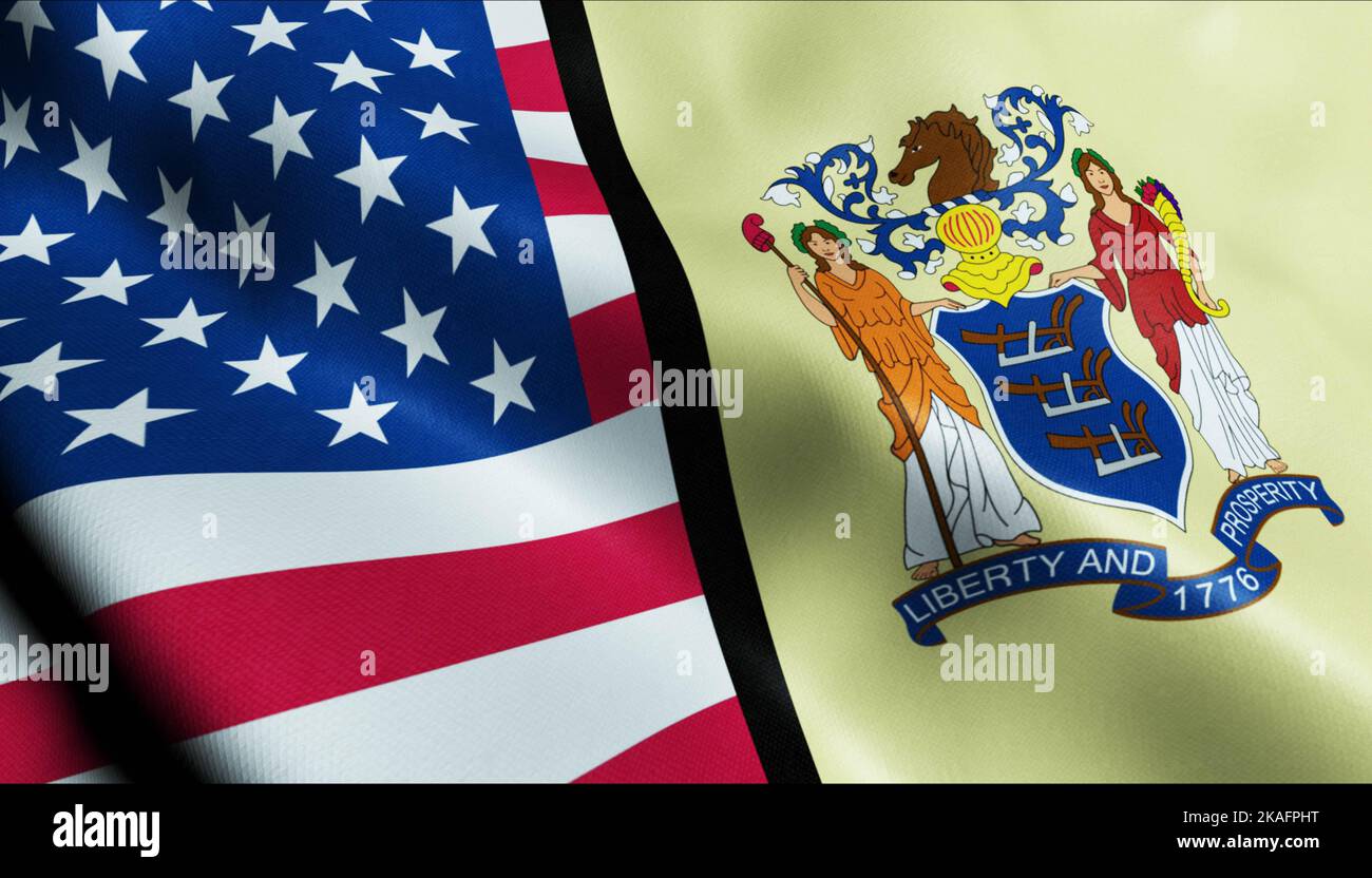 3D Waving New Jersey e USA fuso bandiera Closeup View Foto Stock