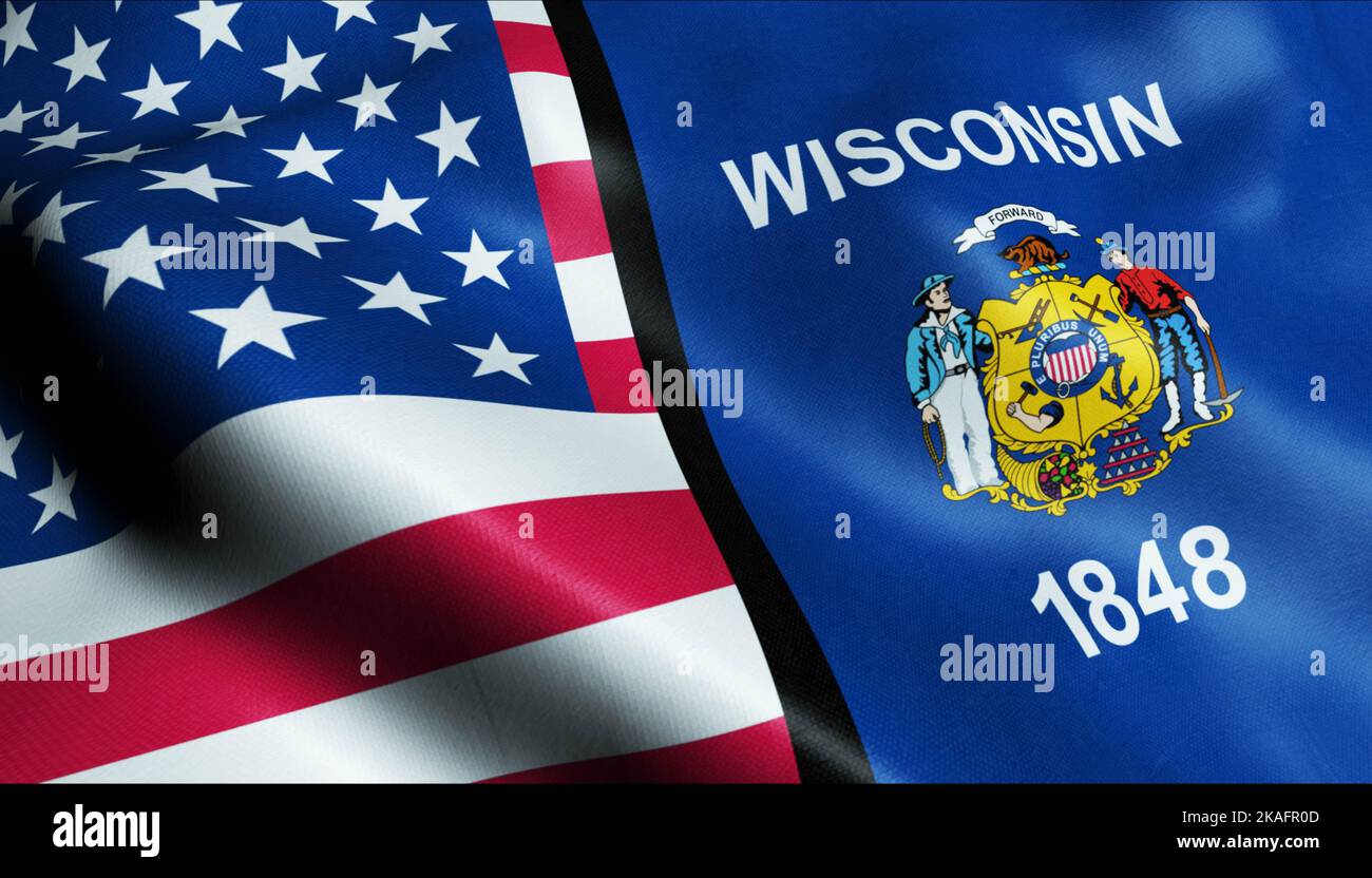 3D Waving Wisconsin e USA fuse Flag Closeup View Foto Stock