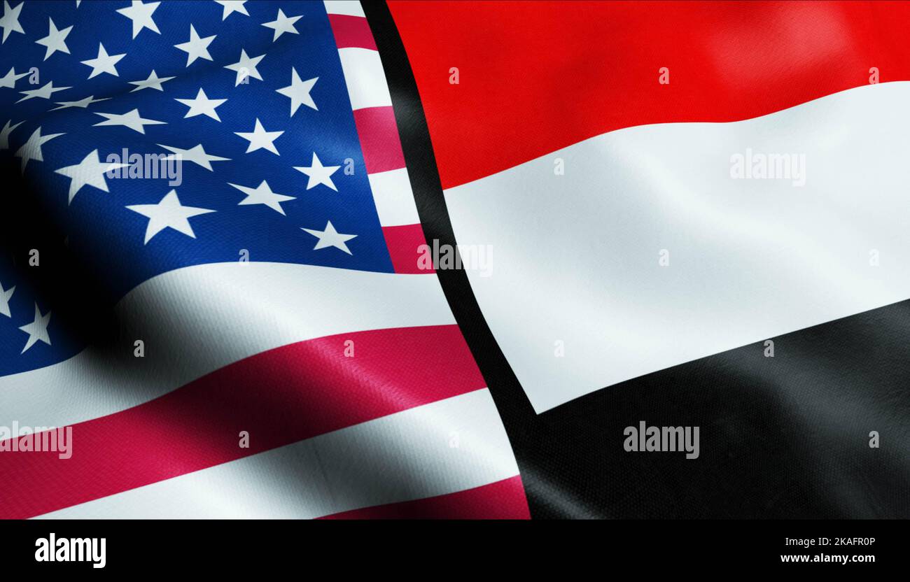 3D sventolando Yemen e Stati Uniti d'America fuse Flag Closeup View Foto Stock