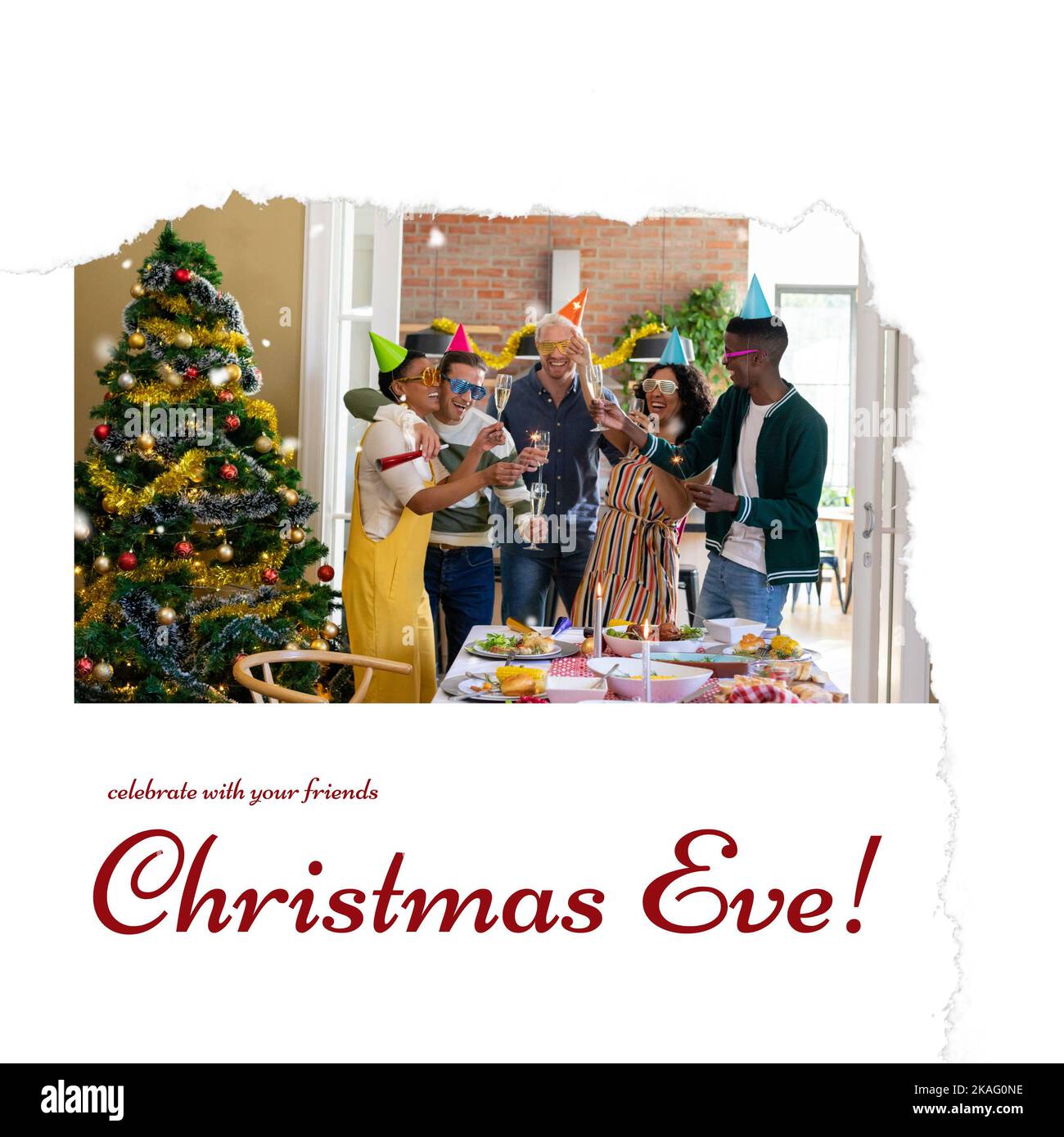 Composizione del testo della vigilia di natale con diverse persone che celebrano su sfondo bianco Foto Stock