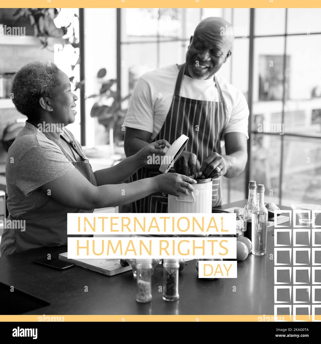 Composizione del testo della giornata internazionale dei diritti umani su una coppia africana-americana di alto livello Foto Stock