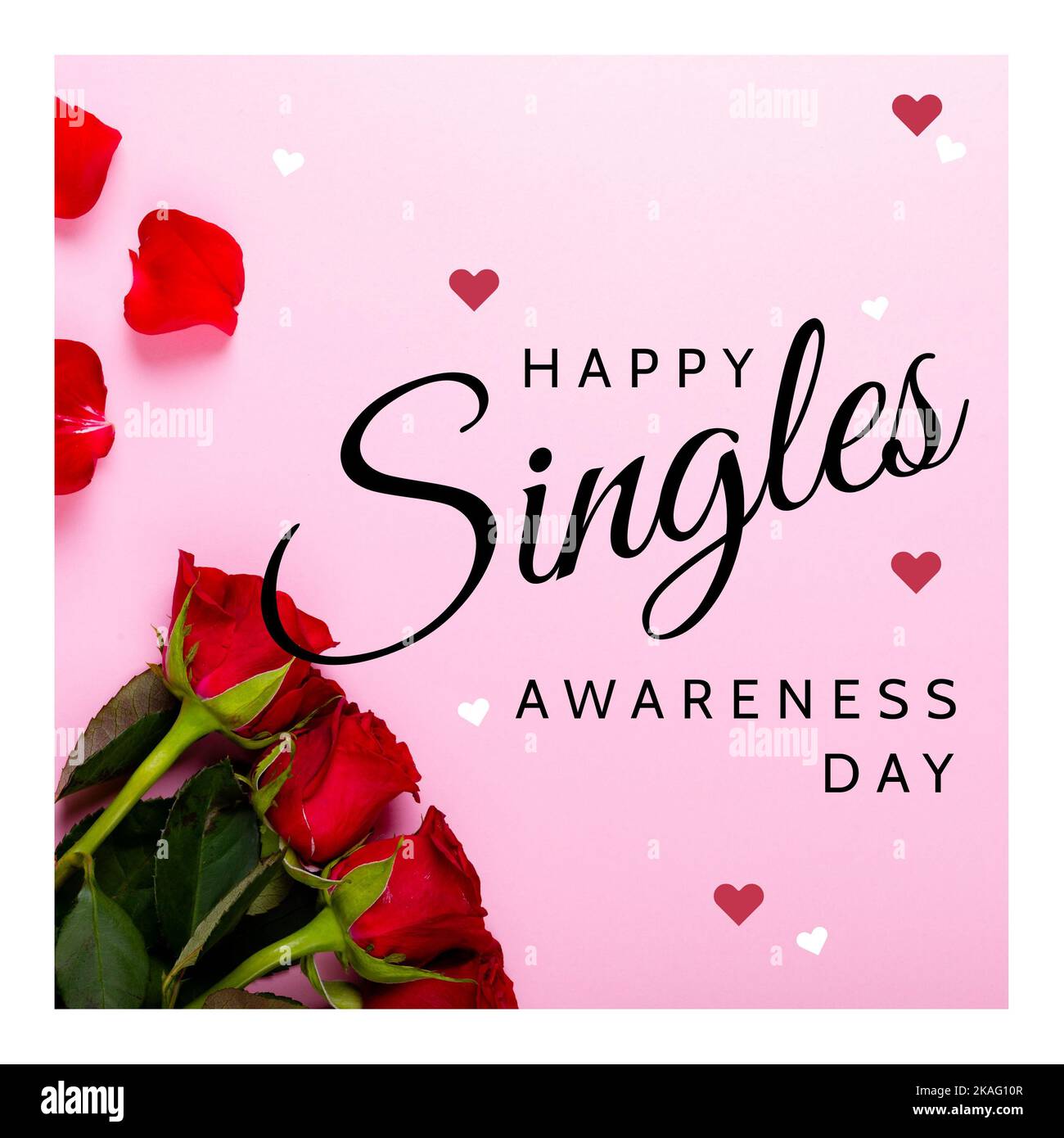 Composizione del testo felice del giorno di consapevolezza dei singoli e delle rose rosse su sfondo rosa Foto Stock