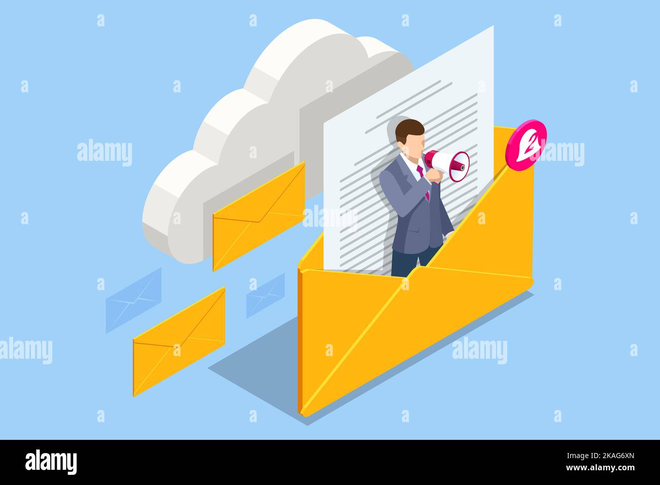 Concetto di notifica e-mail isometrica. Concetto di testo sociale della chat online del messaggio. Spam. Nuova e-mail, messaggistica, processo di lavoro di marketing e-mail, nuova e-mail Illustrazione Vettoriale