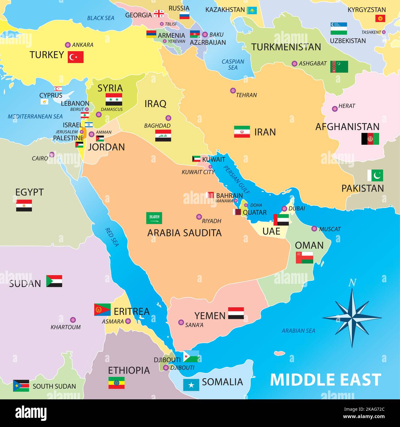 Mappa dei paesi del Medio Oriente, illustrazione vettoriale Illustrazione Vettoriale