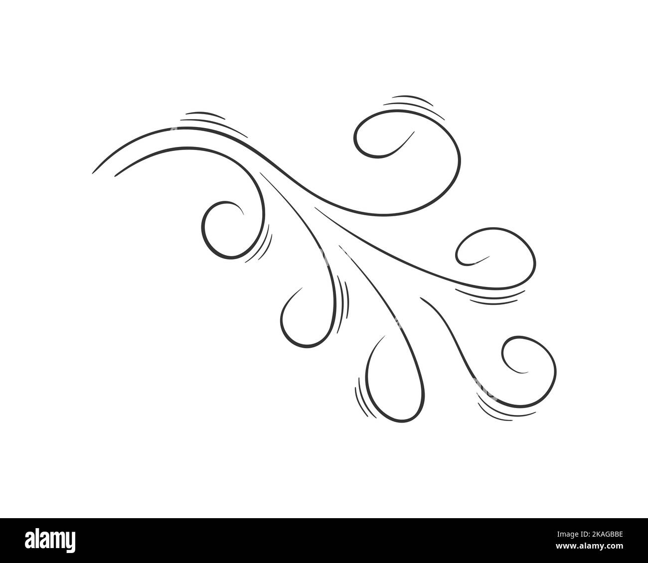 Icona a forma di volute disegnate a mano. Flusso d'aria o effetto soffio di vento in stile doodle. Schizzo di raffica, fumo, polvere isolato su sfondo bianco. Illustrazione lineare vettoriale. Illustrazione Vettoriale
