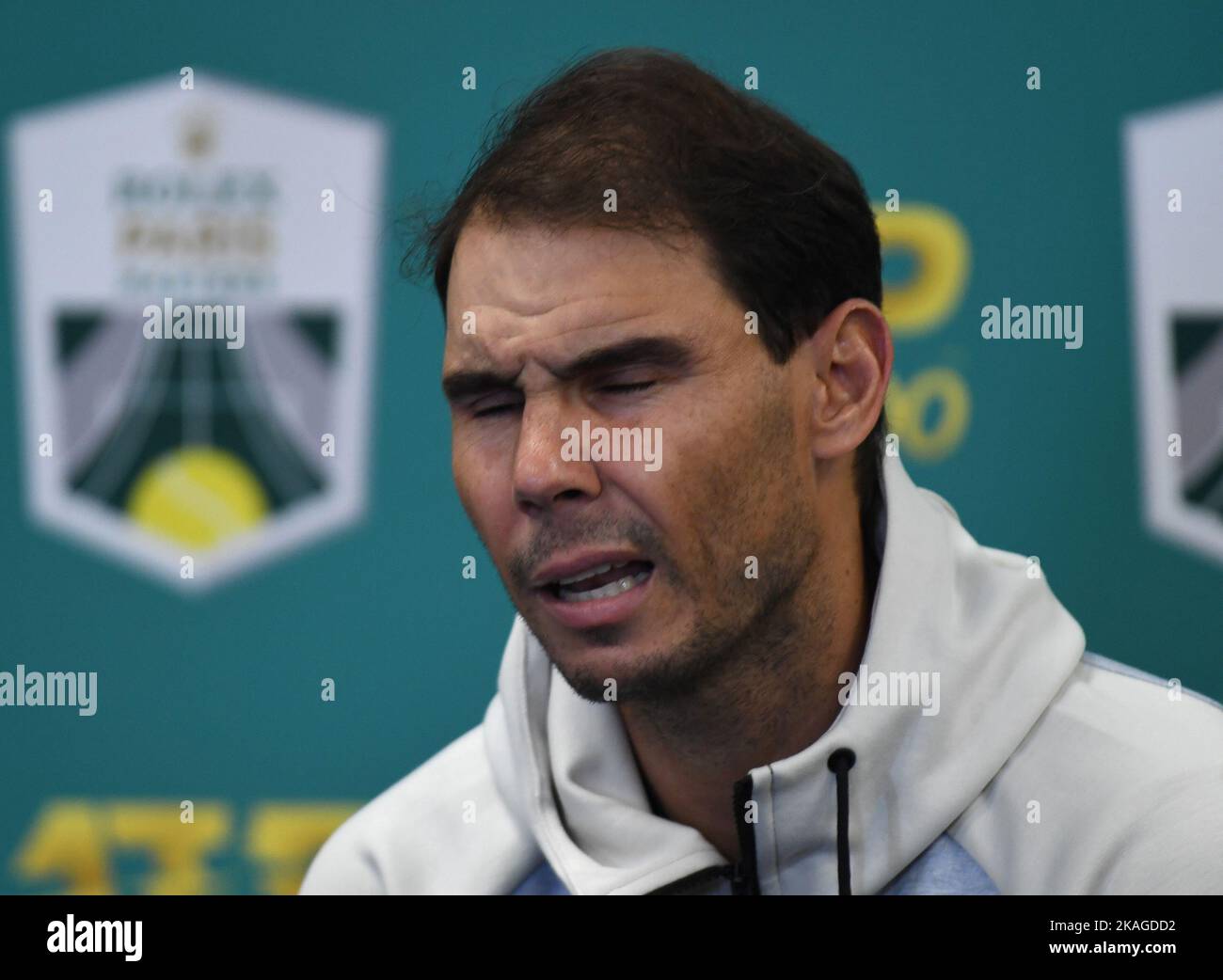 Parigi, Francia. 02nd Nov 2022. Paris Rolex Paris Mastert Bercy Day 3 02/11/2022 Rafa Nadal (ESP) post partita conferenza stampa Credit: Roger Parker/Alamy Live News Foto Stock