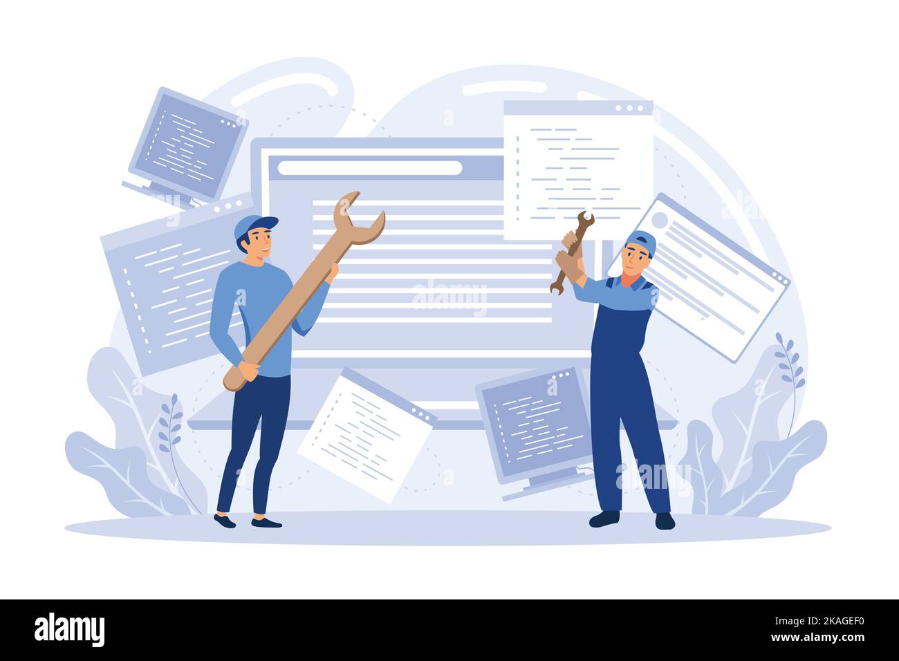 Addetti al supporto tecnico che lavorano alla riparazione di hardware e software di un computer. Risoluzione dei problemi, risoluzione dei problemi, verifica dei problemi. Flat Vector Illustrazione Vettoriale