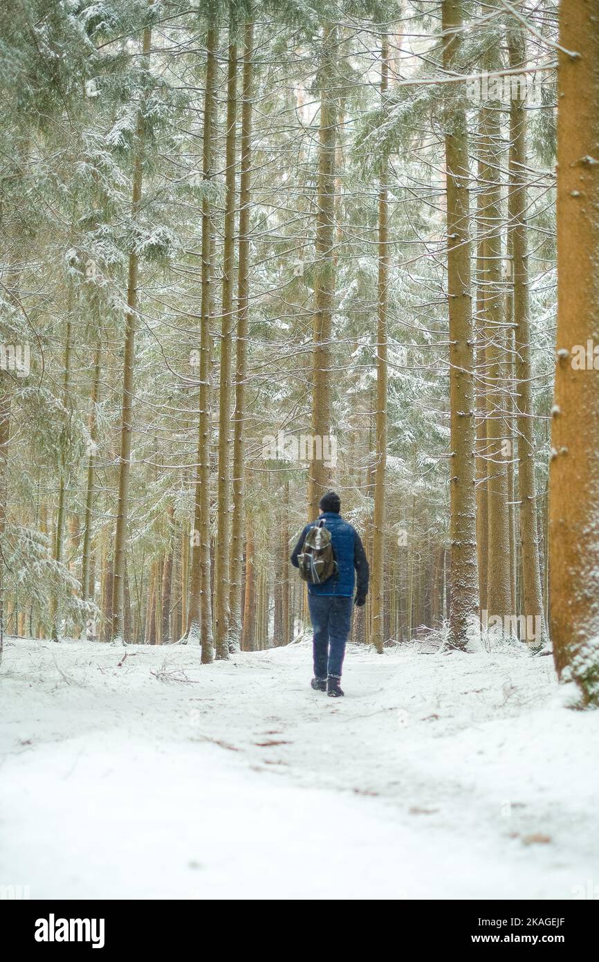 Uomo nell'ambiente naturale nella stagione fredda. Viaggiatore in foresta nevosa.uomo con uno zaino Foto Stock