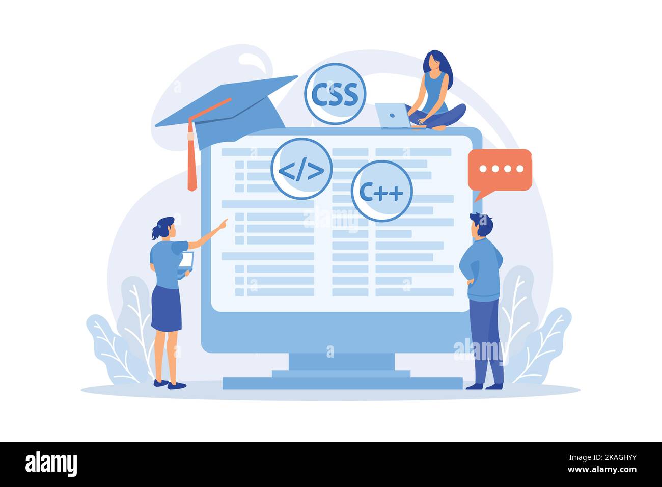 Apprendimento dei linguaggi di programmazione. Corsi di codifica software, corso di sviluppo di siti web, scrittura di script. PROGRAMMATORI IT personaggi cartoni animati. flat Vector mod Illustrazione Vettoriale