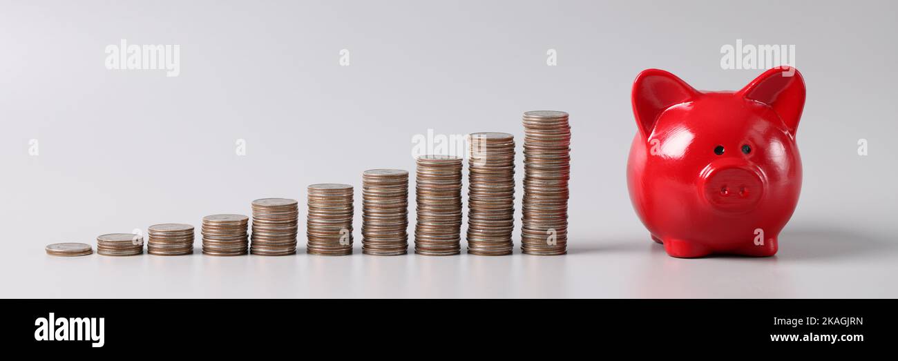 Pila di monete in ordine ascendente e red piggy banca su tavola, redditizio investimento di fondi Foto Stock