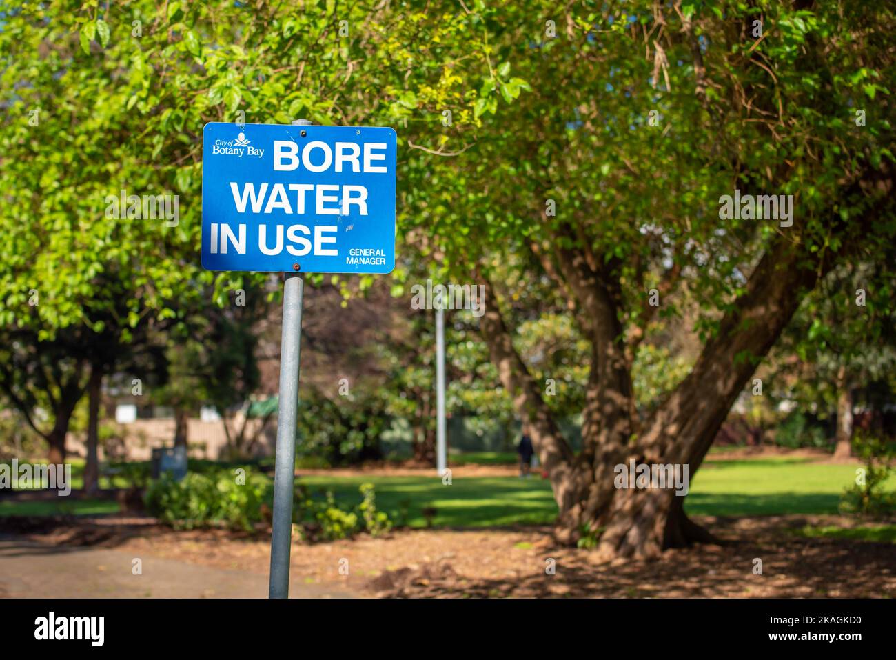 Un cartello Bore Water in use nel Memorial Park di Mascot, Sydney, Australia Foto Stock