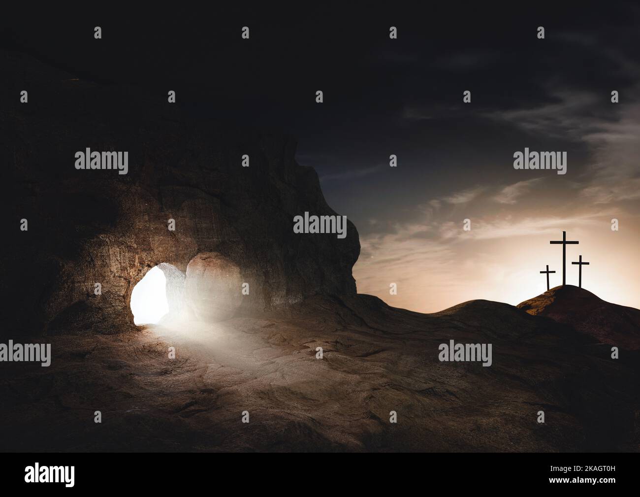 La morte e la risurrezione di Gesù Cristo e la tomba di luce brillante e lo sfondo della croce sofferente sul colle del Golgota Foto Stock