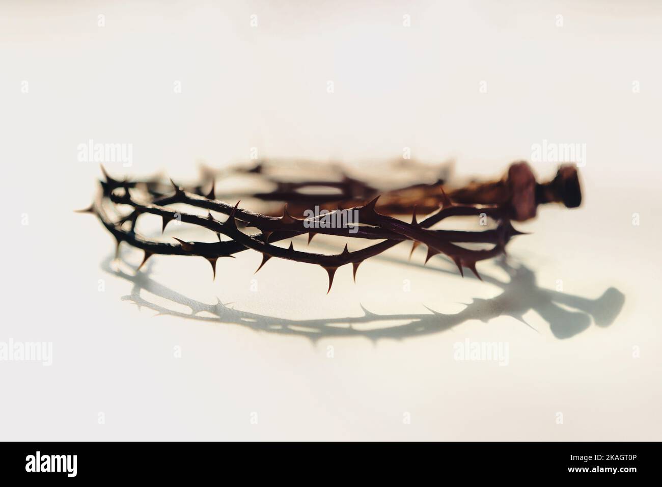 Corona di spine e unghie che simboleggia il sacrificio, la sofferenza e la risurrezione di Gesù Cristo sulla croce e sullo sfondo luminoso della Pasqua Foto Stock