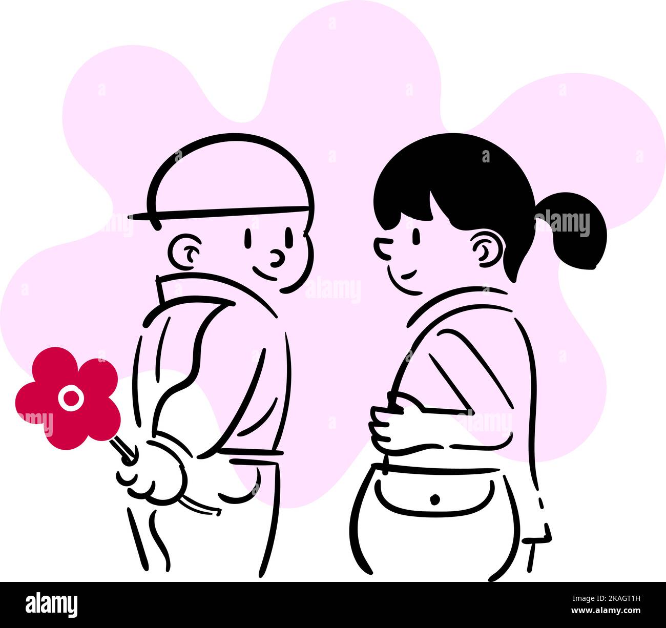 Ragazzo e ragazza con un fiore, disegno vettoriale cartone animato Illustrazione Vettoriale
