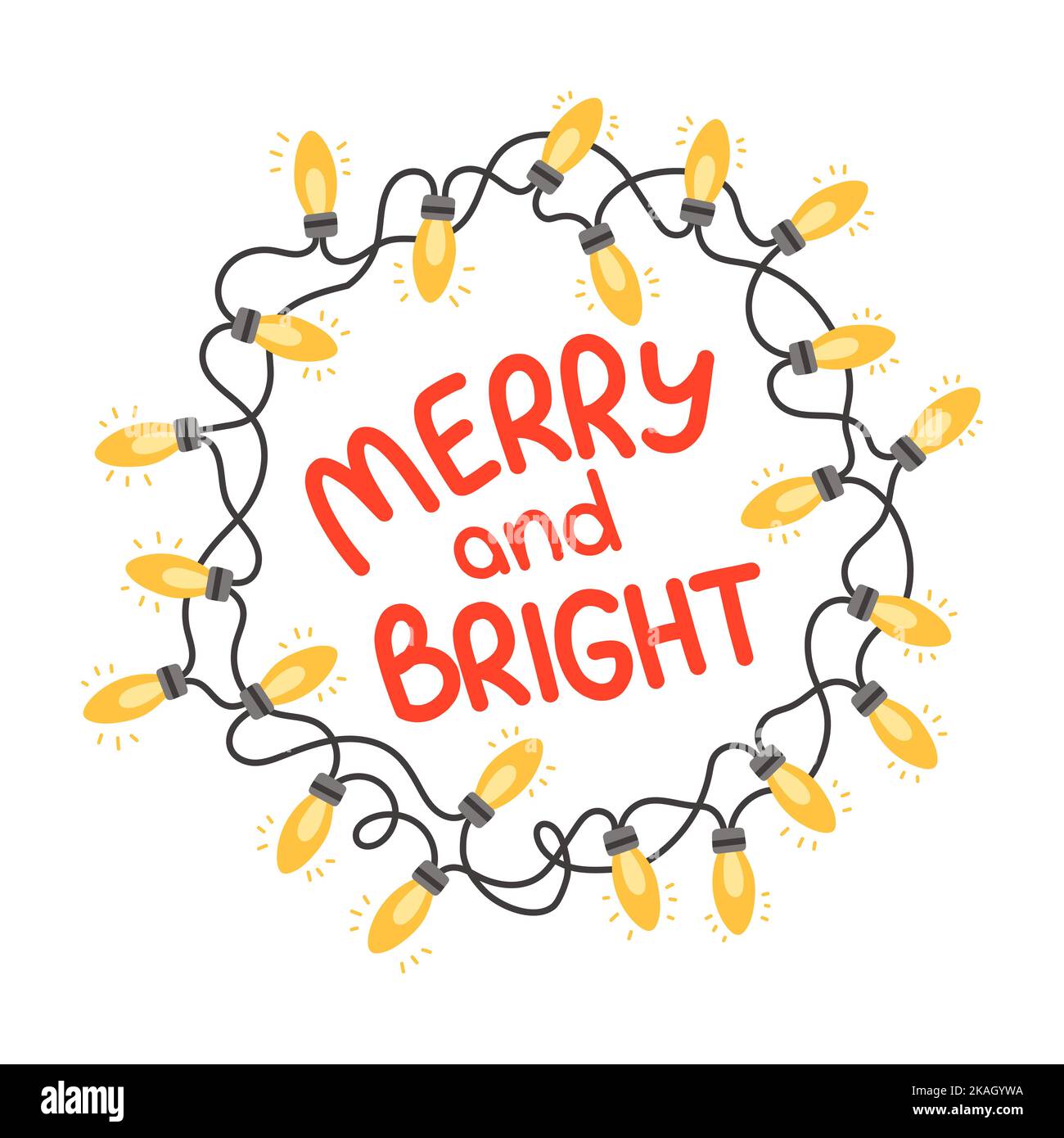 Luci di Natale incandescenti Wreath Natale festivo biglietti di auguri Design. Scritte allegre e luminose. Luci incandescenti Garlands Illustrazione Vettoriale