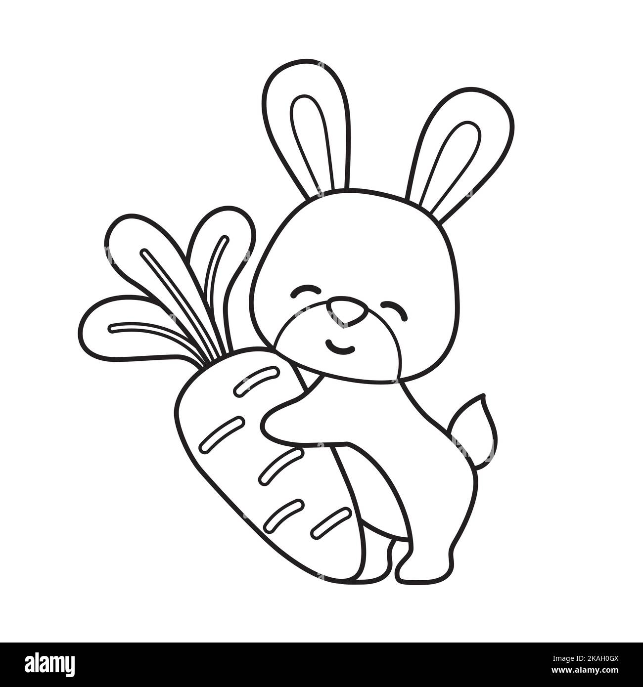 Illustrazione del libro da colorare vettoriale. Carino coniglietto con carota in stile cartoon Illustrazione Vettoriale