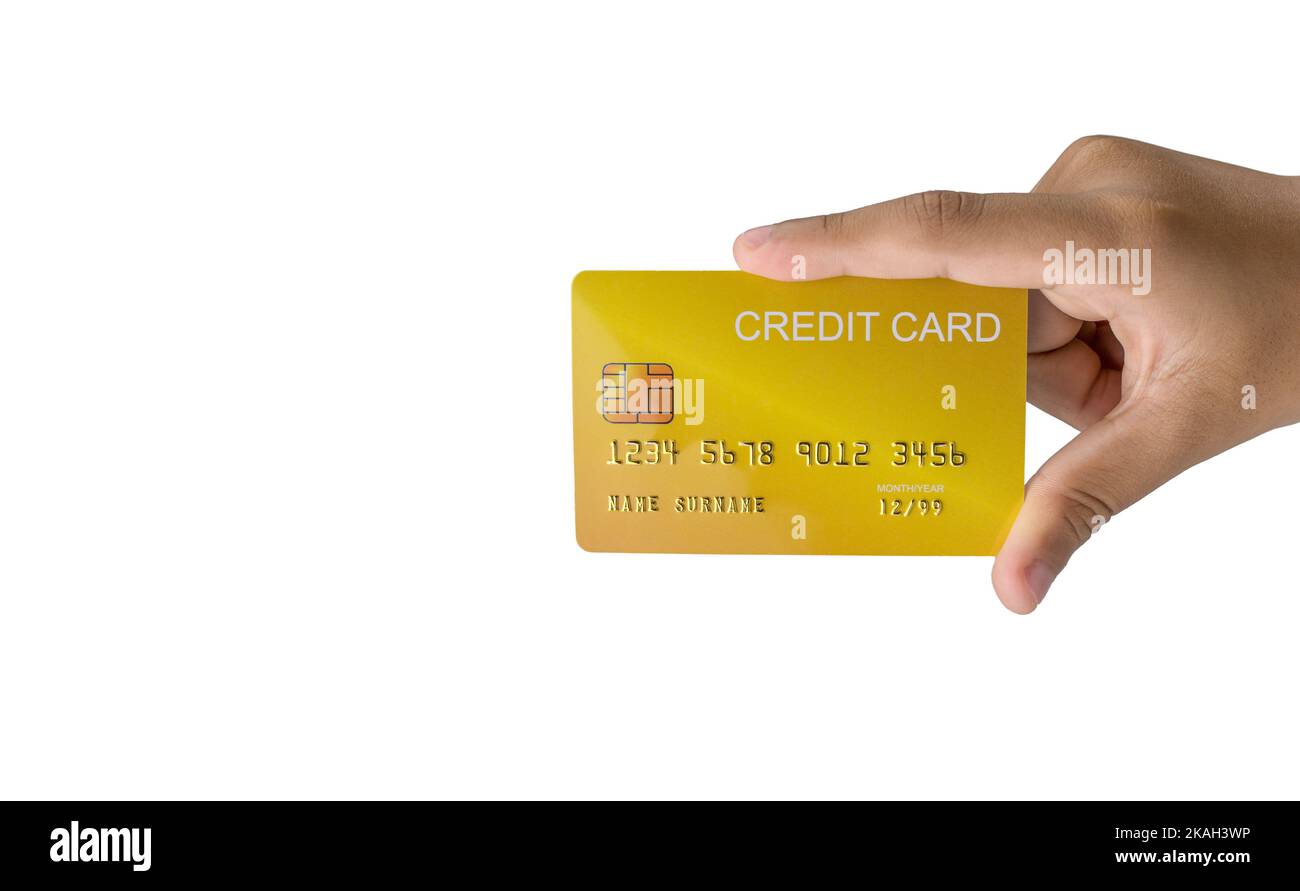 Mano che tiene la carta di credito isolata su sfondo bianco. Concetto di shopping. Concetto di spesa senza contanti. Foto Stock