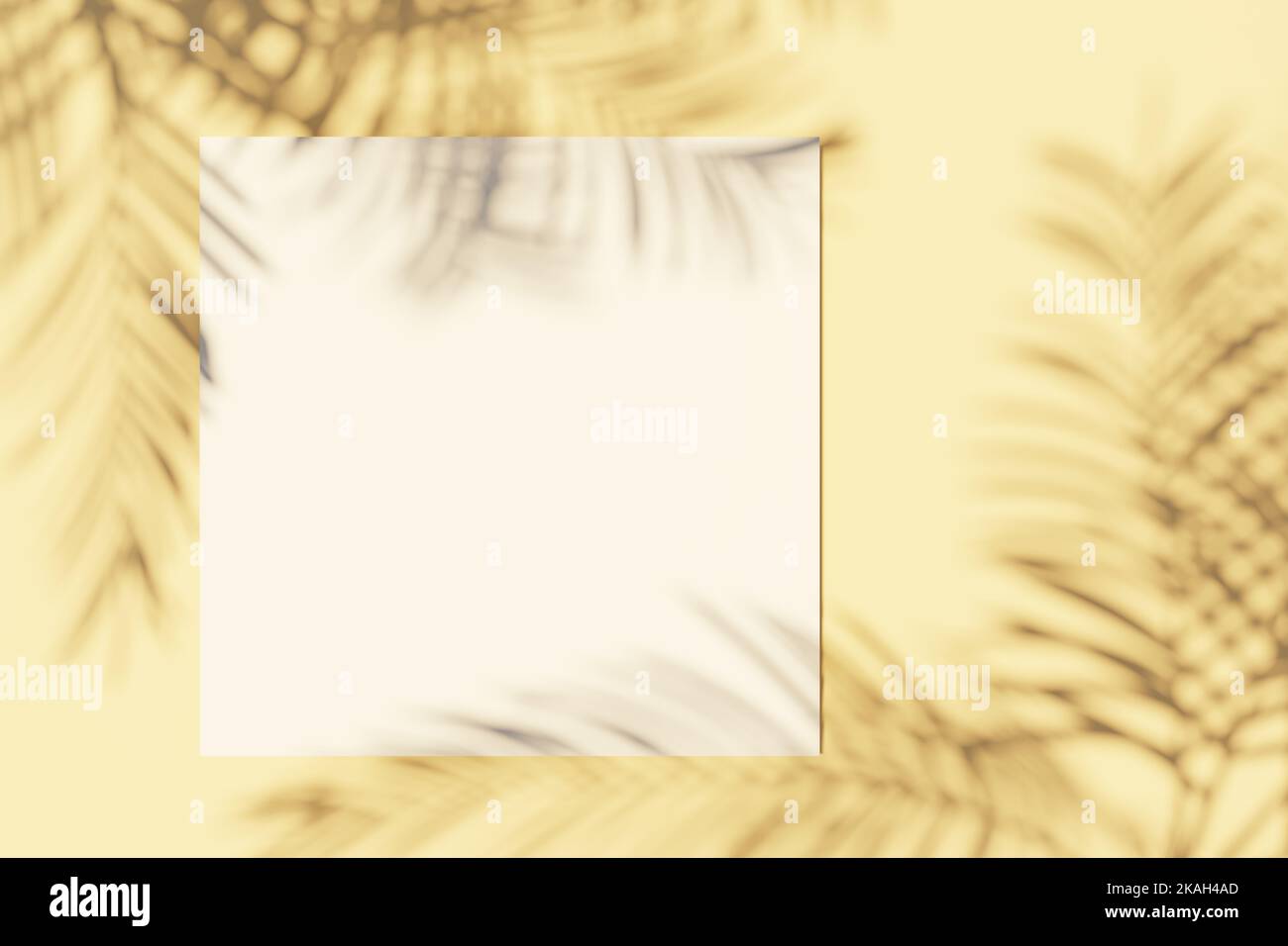 Square Card mockup su sfondo beige con ombre a forma di foglie di palma. Biglietto d'auguri bianco con vista dall'alto e mascherina in ombra. Estate moderna Foto Stock