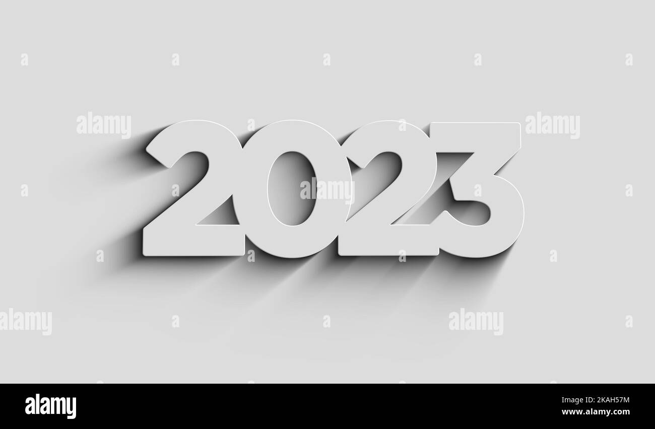 2023 anni futuristico nuovo simbolo neon concetto digitale. Rete, cyber tecnologia e computer sfondo astratto 3D illustrazione. Foto Stock