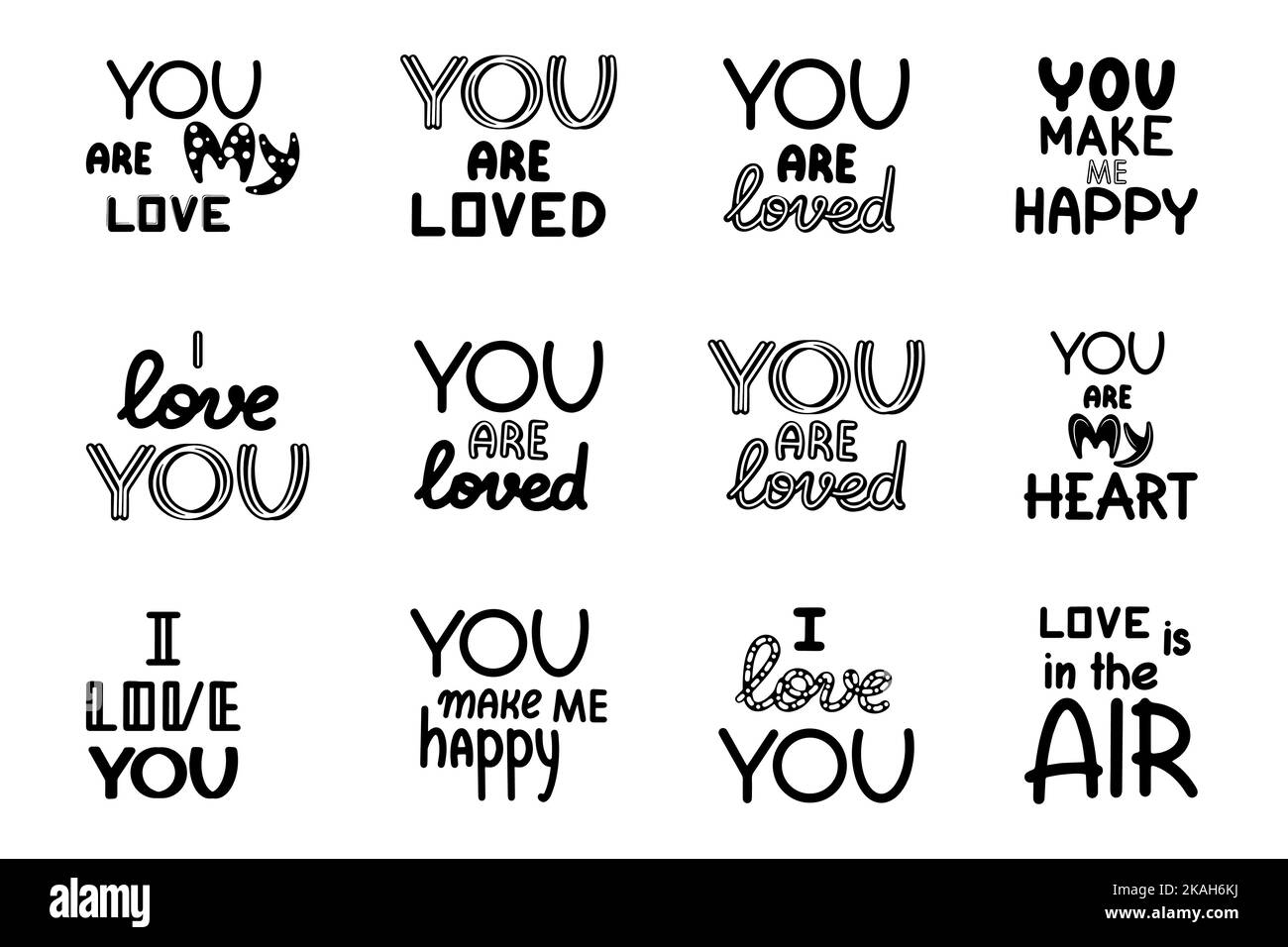L'amore lettering frasi di motivazione set. Isolato su sfondo bianco. Illustrazione Vettoriale