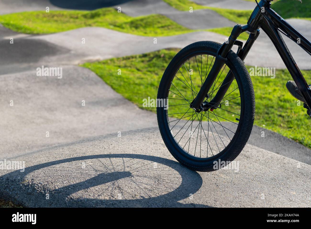 Ruota ciclabile su pista di pompaggio asfalto circondata da erba e natura in una giornata di sole. Foto Stock