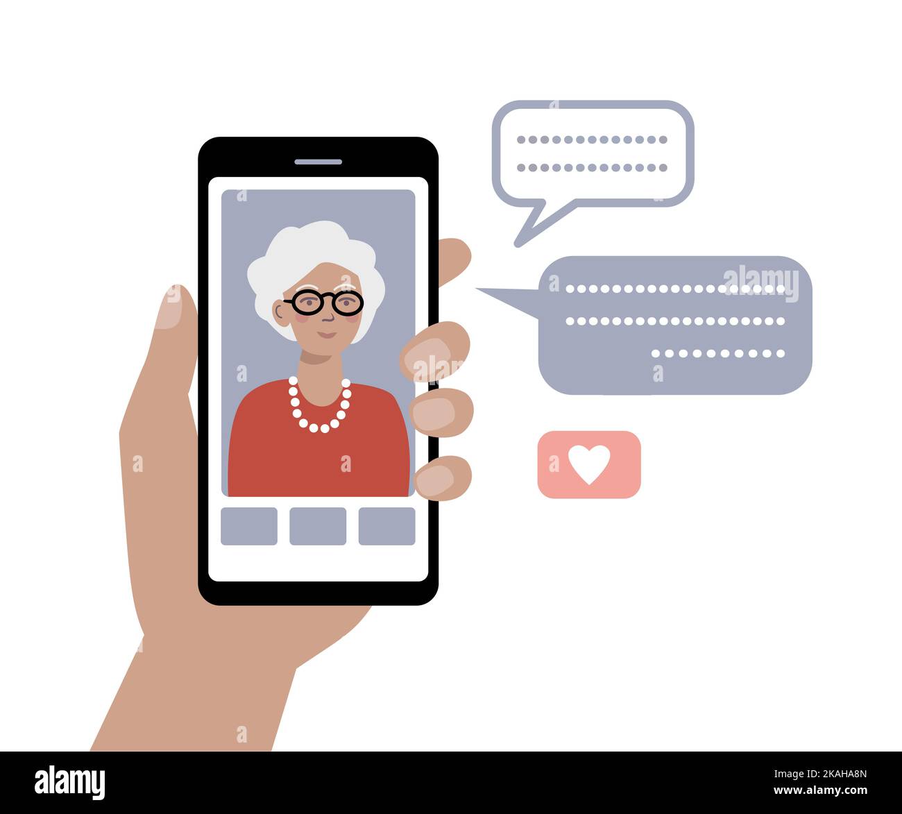 Donna anziana su smartphone. Videochiamata con nonna. Anziani che utilizzano la tecnologia moderna. Illustrazione Vettoriale