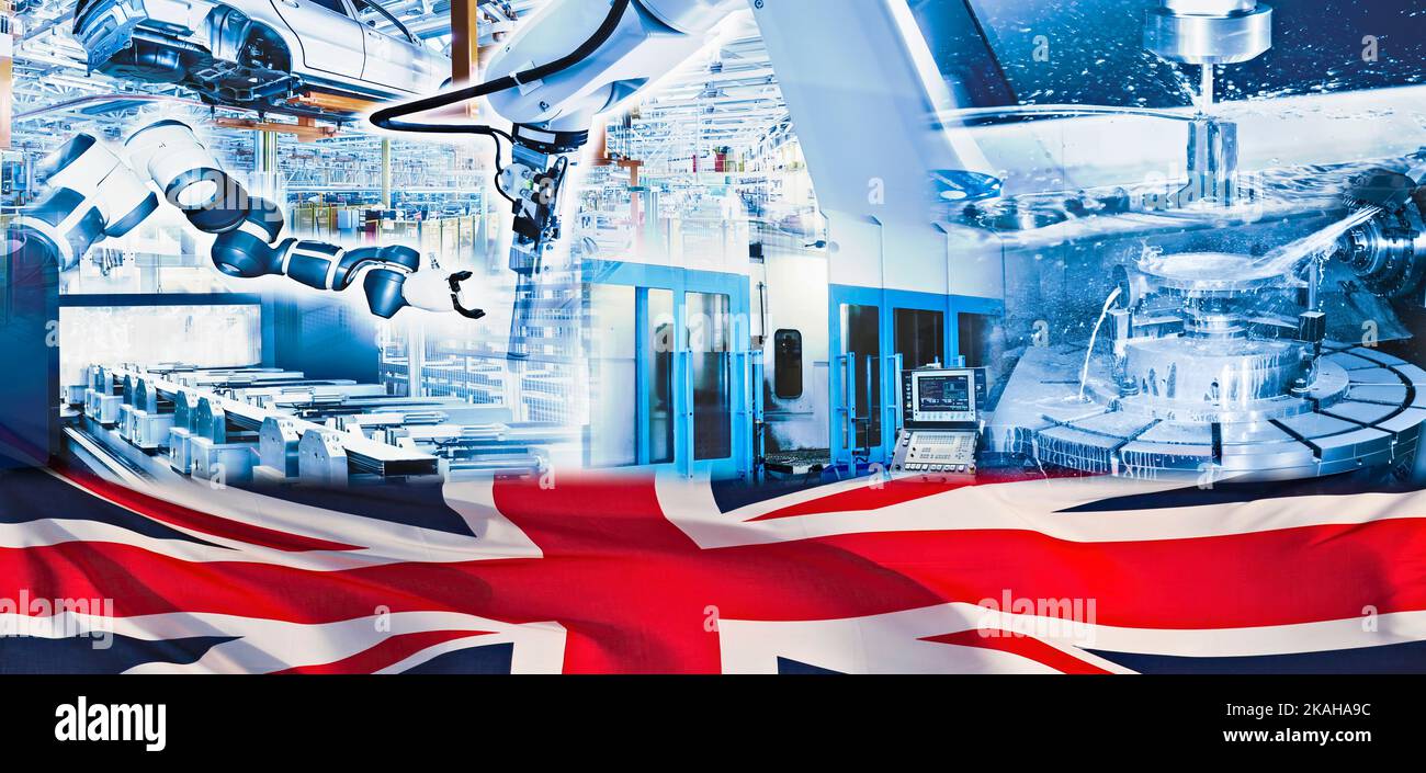 Produzione industriale e bandiera del Regno Unito Foto Stock