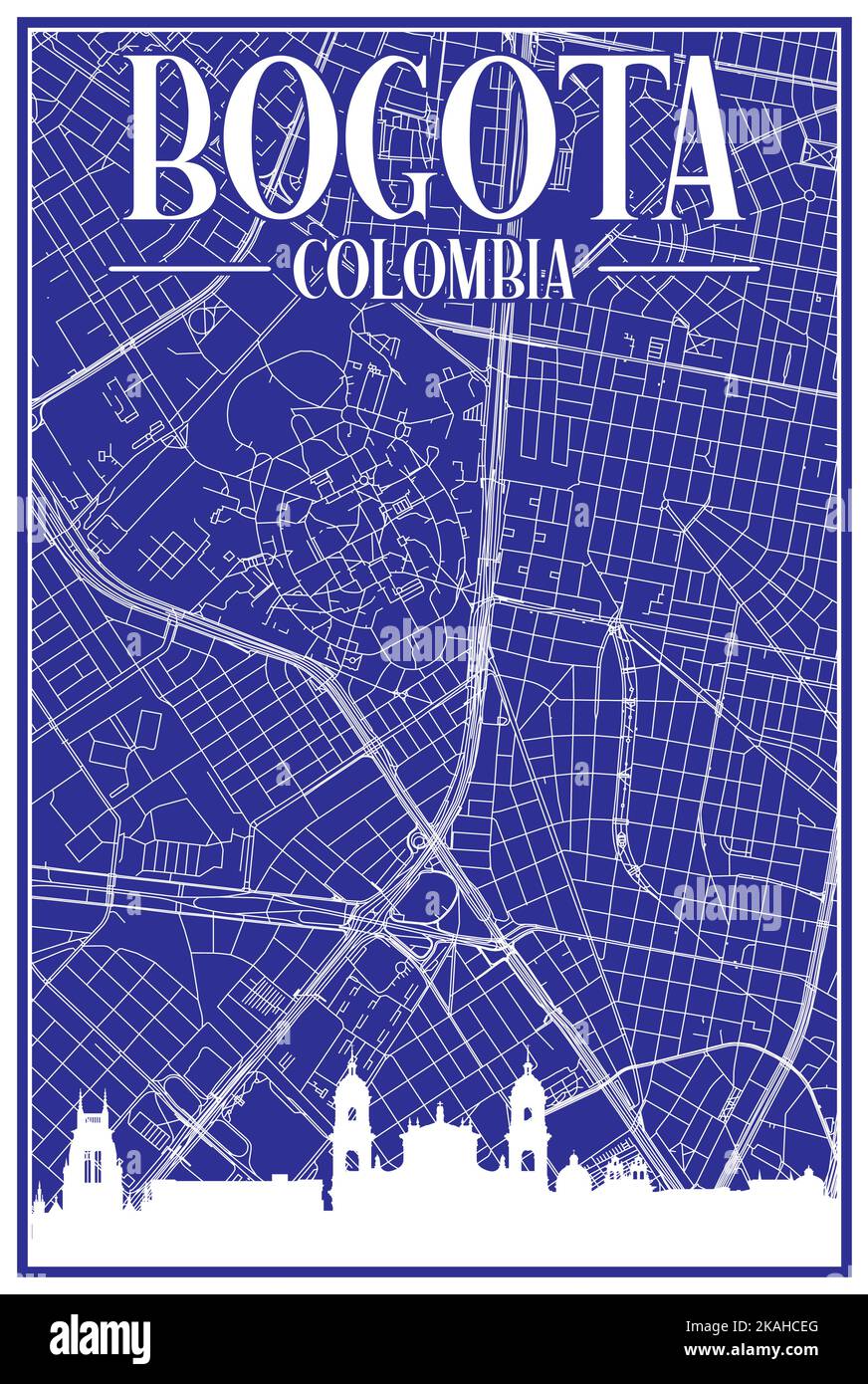 Carta blu vintage stampata a mano per la rete stradale del centro di BOGOTA, COLOMBIA, con lo skyline della città evidenziato e scritte Illustrazione Vettoriale
