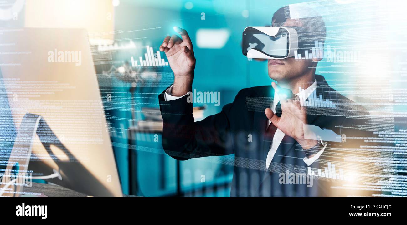 VR, imprenditore e sviluppatore web nel metaverse informatico, codifica seo e big data, trasformazione digitale e innovazione. Grafica per realtà virtuale Foto Stock