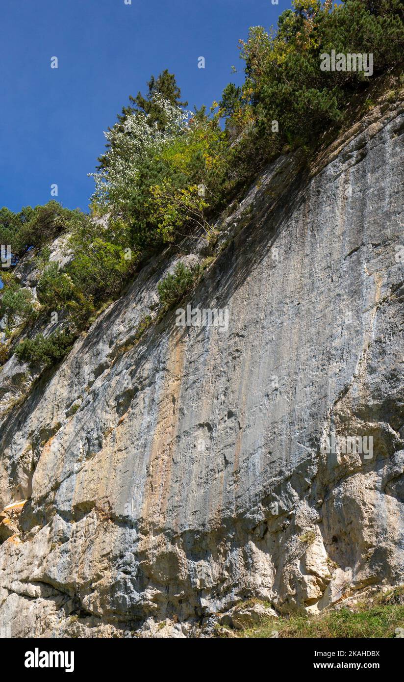 Parete di arrampicata popolare nella zona di Alpstein in Svizzera Foto Stock