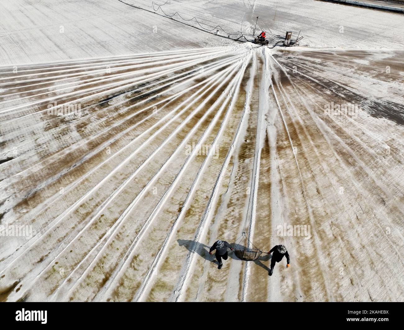 LIANYUNGANG, CINA - 3 NOVEMBRE 2022 - lavoratori che lavorano nel campo di sale di Dapu a Lianyungang City, Provincia di Jiangsu, Cina, 3 novembre 2022. Foto Stock