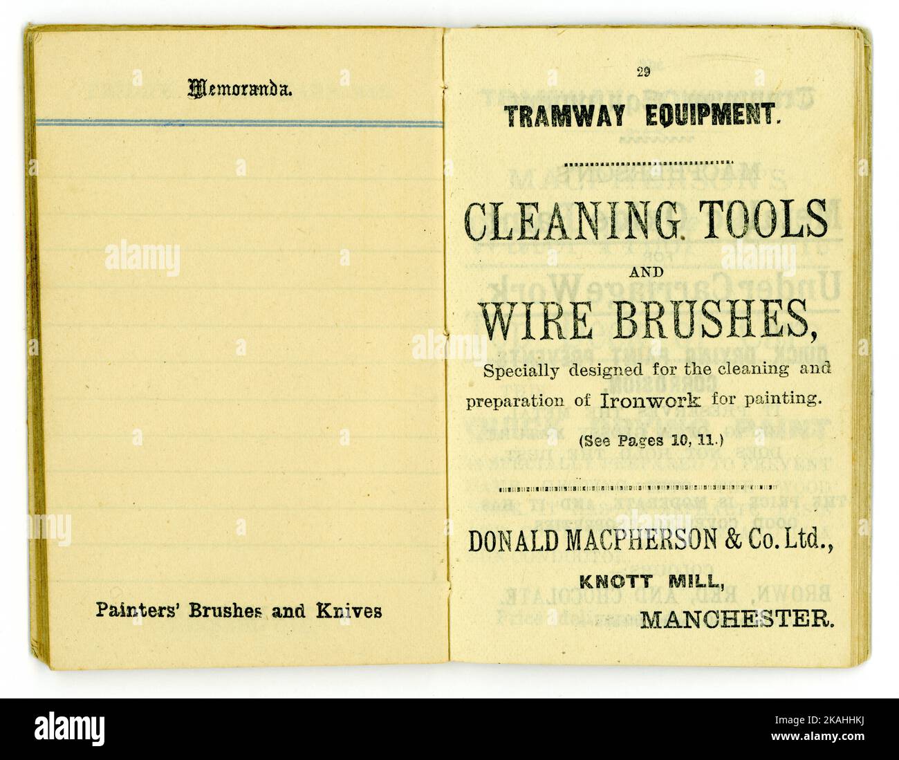 Originale interno pagina memo e spazzole di filo, di Diary da Donald Macpherson & Co.. Ltd Produttori di vernici ad olio colori e vernici, Knott Mill, Manchester, Regno Unito Datato 1909. Foto Stock