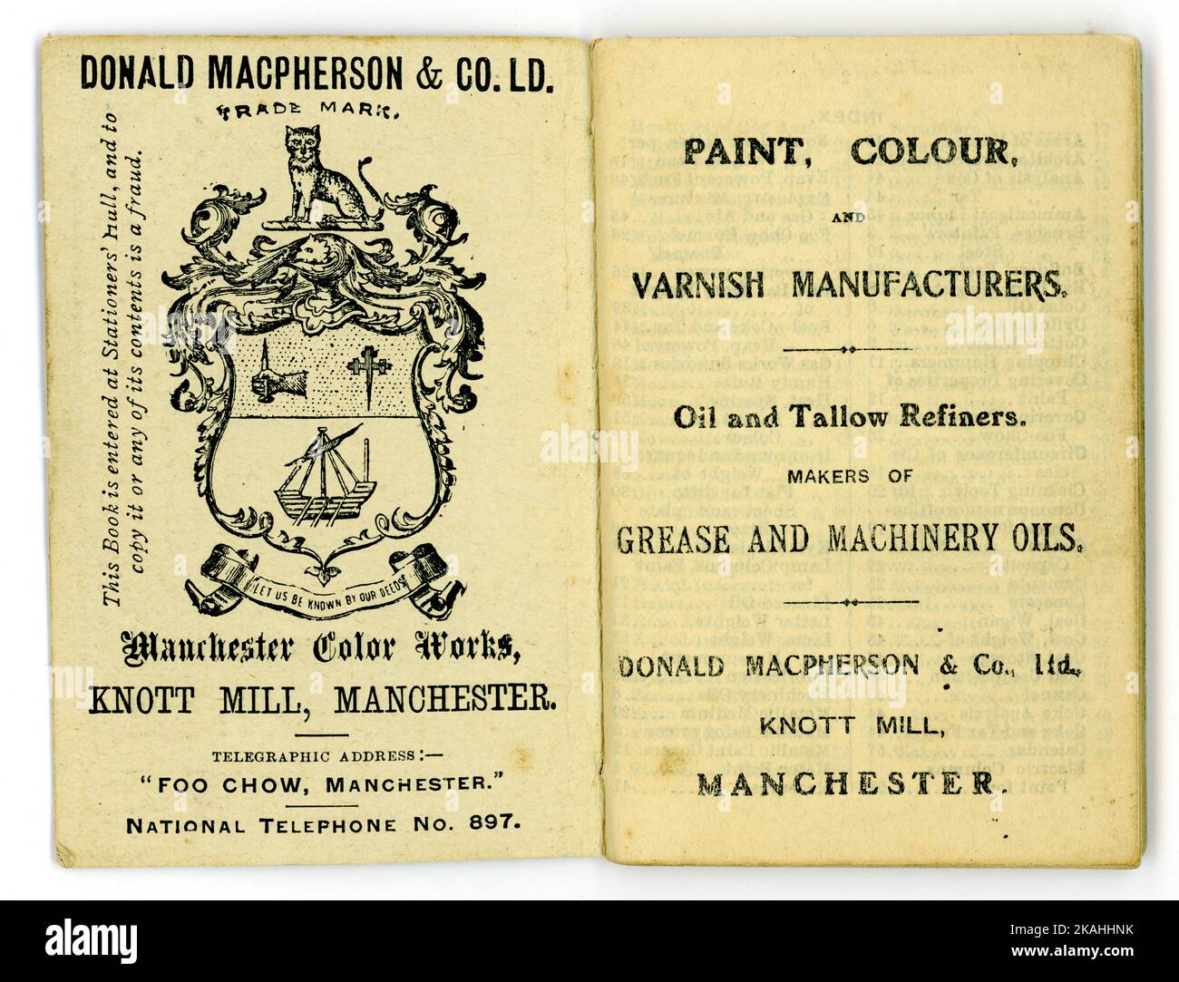 Pagina interna originale di Diary di Donald Macpherson & Co. Ltd Produttori di vernici ad olio colori e vernici, Knott Mill, Manchester, Regno Unito datato 1909. Foto Stock