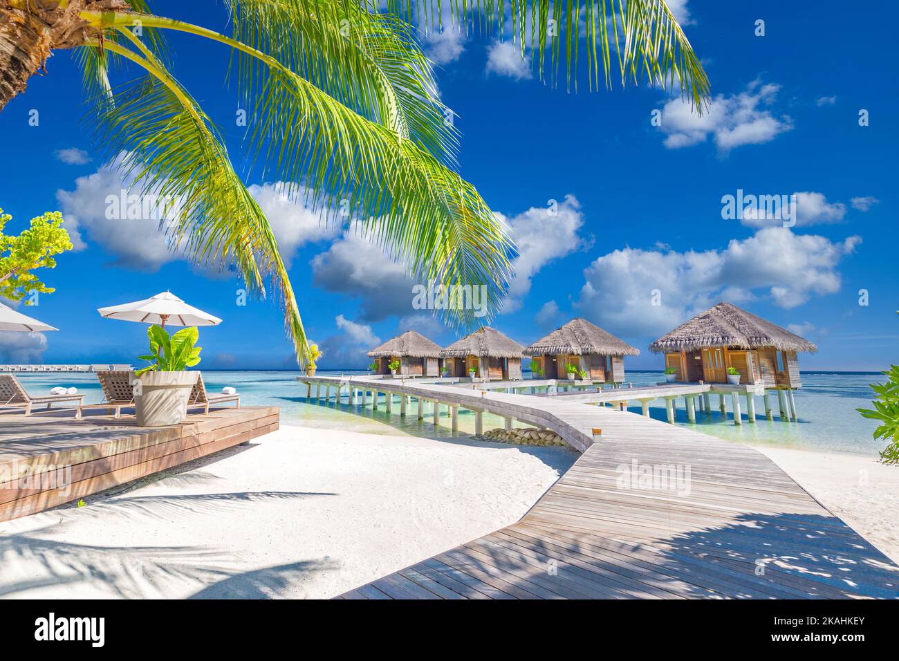 Hotel di lusso con ville sull'acqua e palme che si affacciano sulla sabbia bianca, vicino al mare blu e al mare. Esotico idilliaco viaggio Maldive costa isola Foto Stock