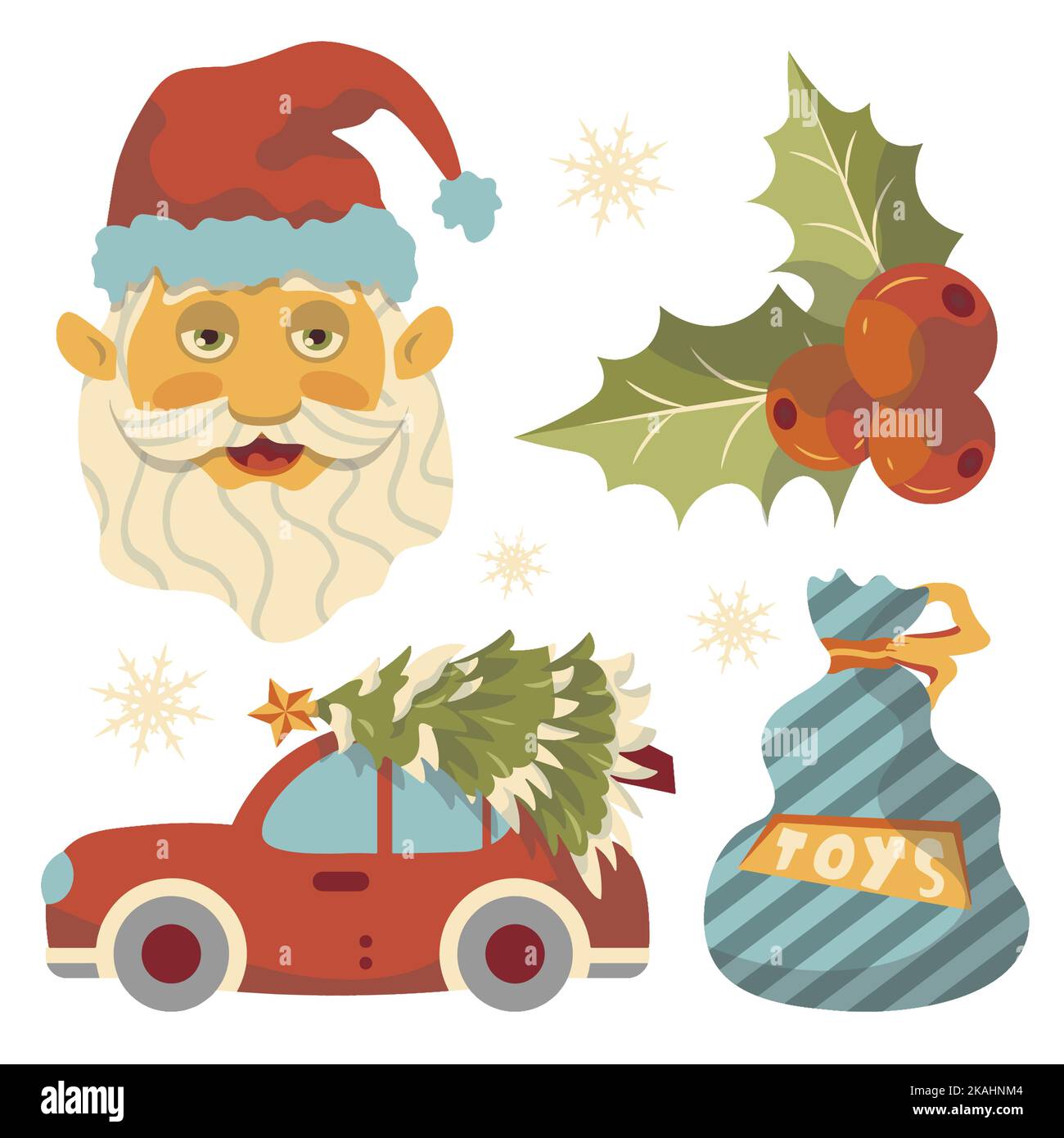 set di illustrazioni vettoriali anno nuovo natale babbo natale con giocattoli auto con albero di natale Illustrazione Vettoriale
