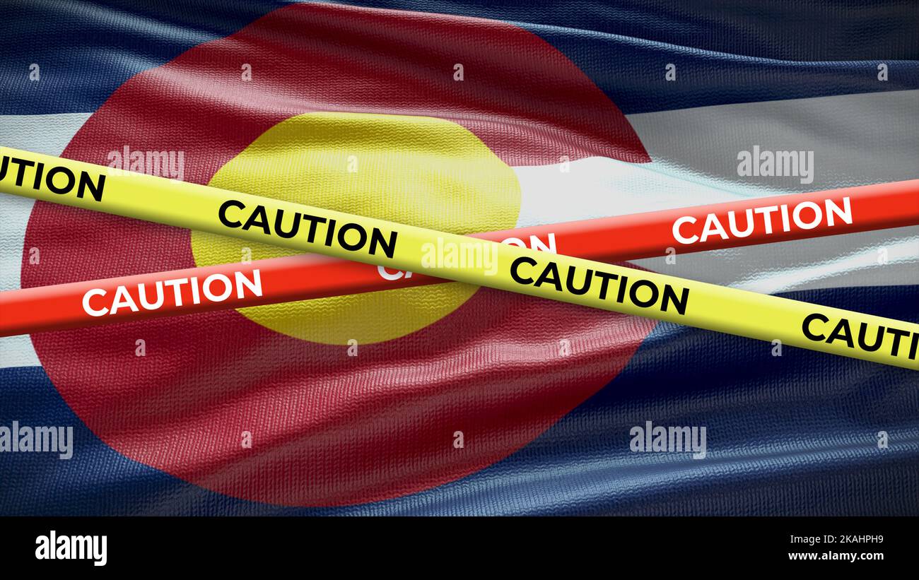 Indicatore del simbolo dello stato Colorado con nastro di attenzione. Illustrazione 3D. Foto Stock