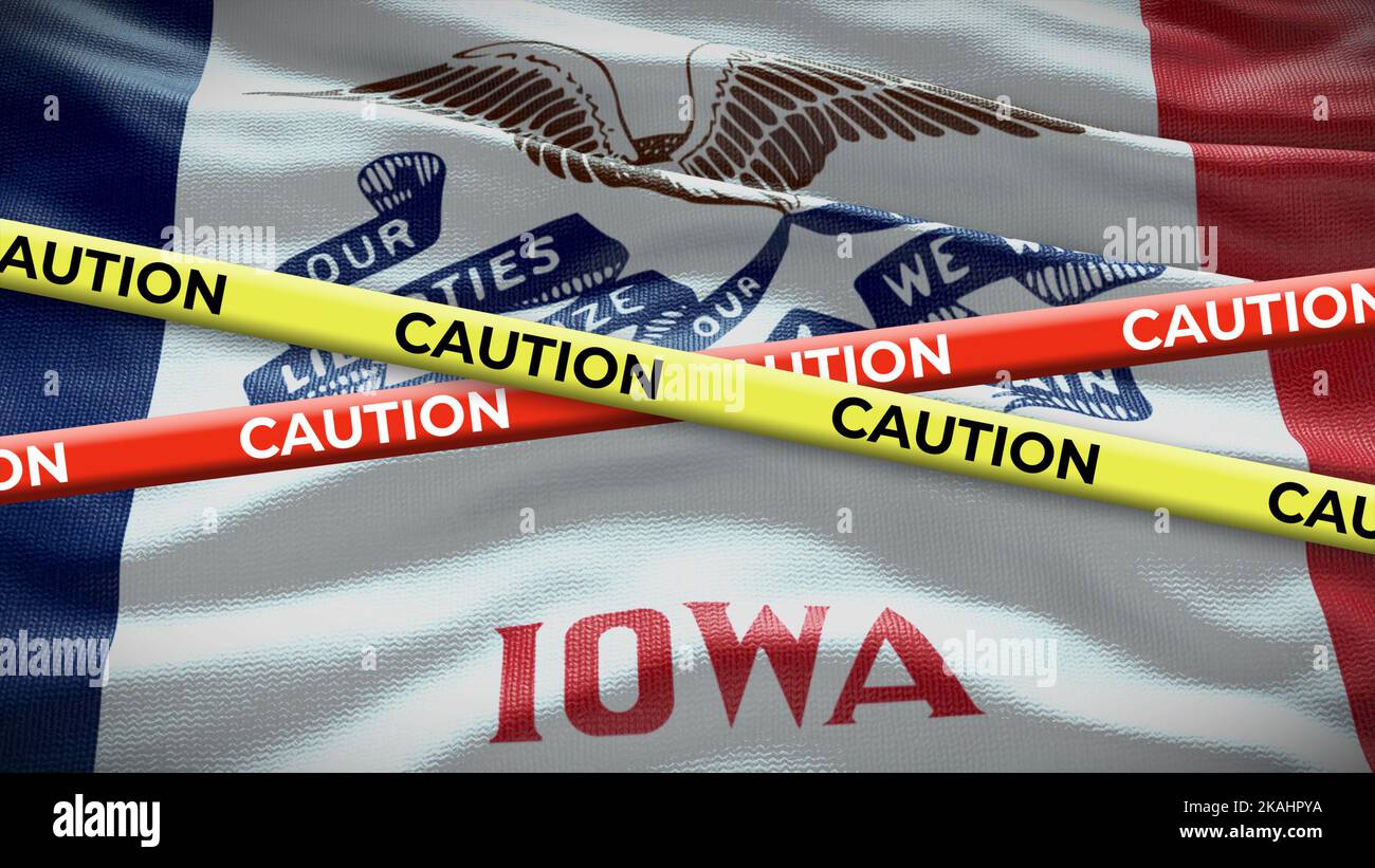 Flag con simbolo di stato Iowa con nastro di attenzione. Illustrazione 3D. Foto Stock