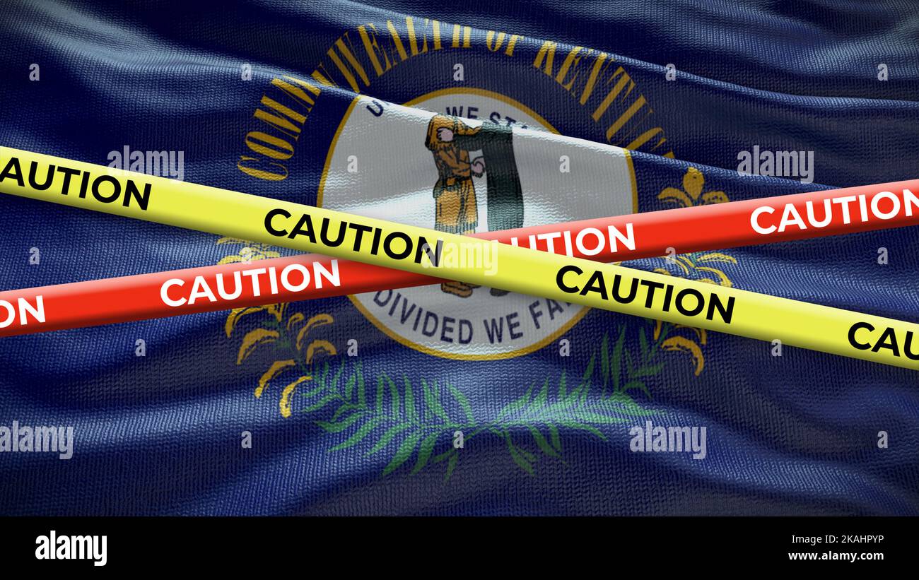 Bandiera del simbolo dello stato del Kentucky con nastro di attenzione. Illustrazione 3D. Foto Stock