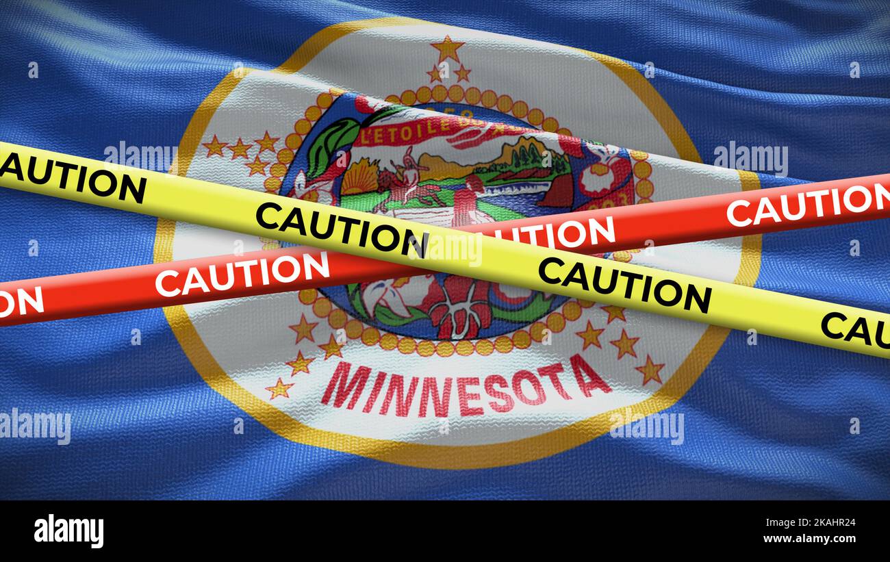 Bandiera con simbolo dello stato del Minnesota con nastro di attenzione. Illustrazione 3D. Foto Stock